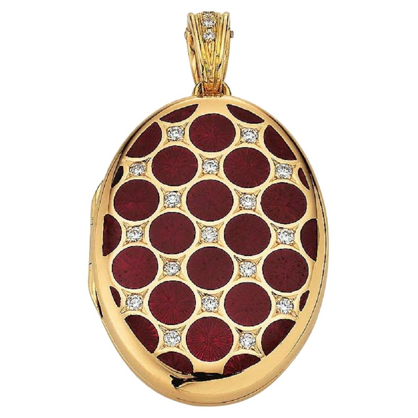 Oval Pendant Locket 18k Yellow Gold Aubergine Red Enamel 20 Diamonds 0.37ct H VS