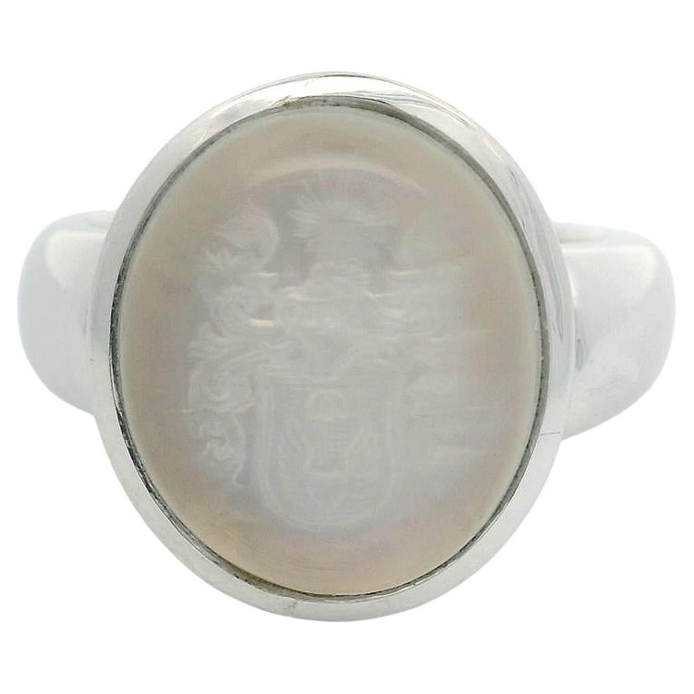 Victor Mayer Oval Signet Ring, 18k White Gold, Moon Stone white with Engraving