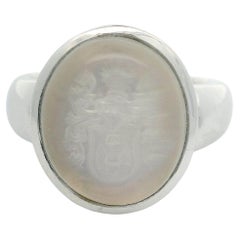 Victor Mayer Oval Signet Ring, 18k White Gold, Moon Stone white with Engraving