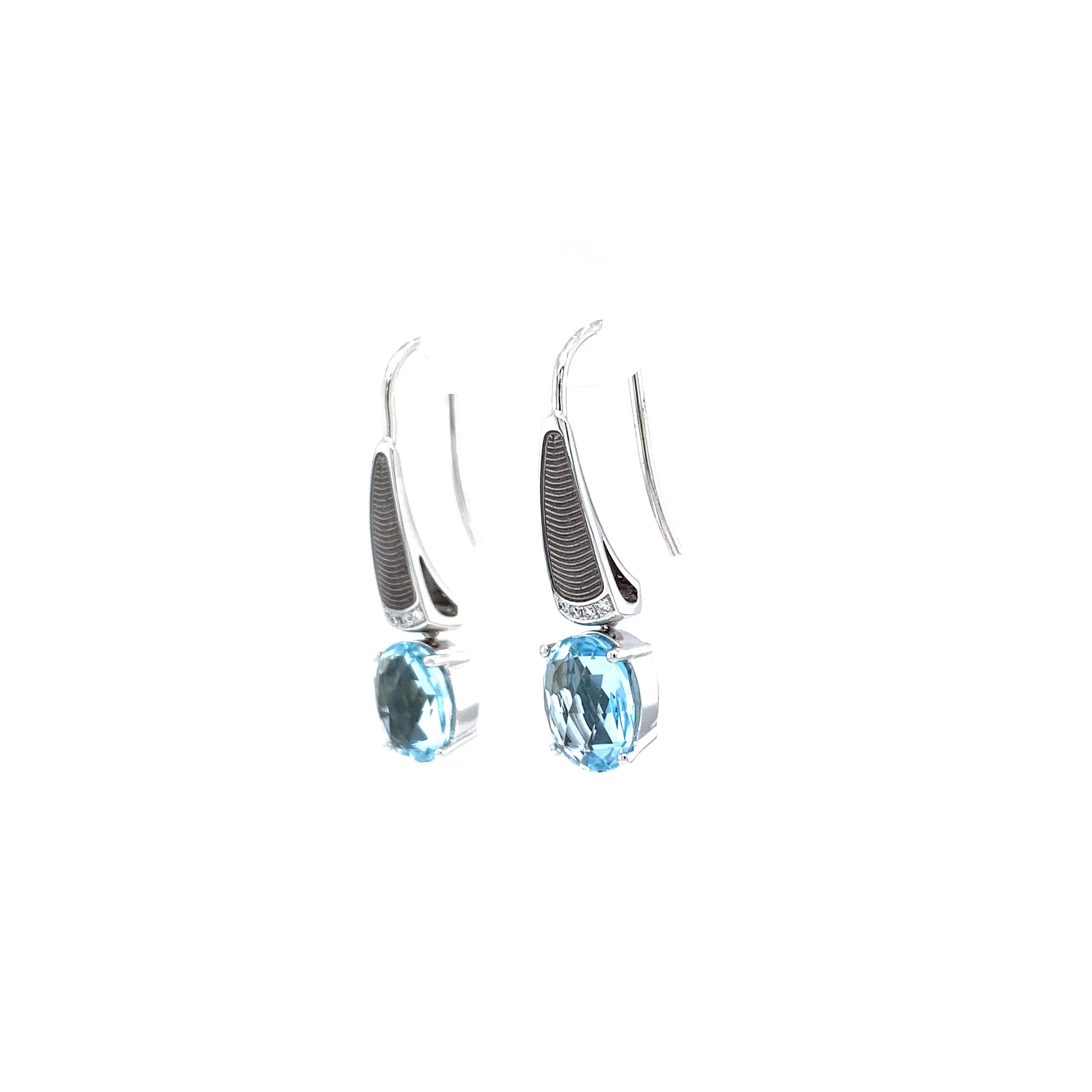 Drop Earrings 18k White Gold Silver Fondant Enamel 8 Diamonds 0.04 ct Aquamarine For Sale 3