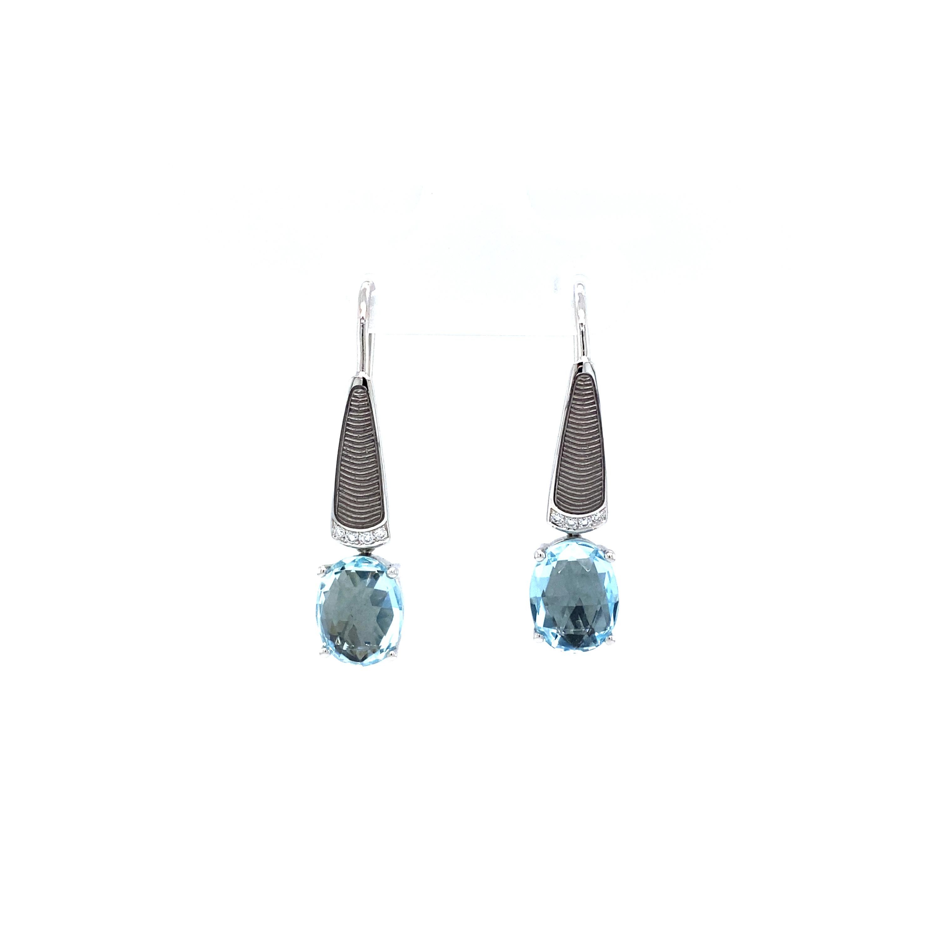 Brilliant Cut Drop Earrings 18k White Gold Silver Fondant Enamel 8 Diamonds 0.04 ct Aquamarine For Sale