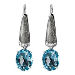 Aquamarine Grey Vitreous Enamel Drop Earrings 18k White Gold 8 diamonds G VS1