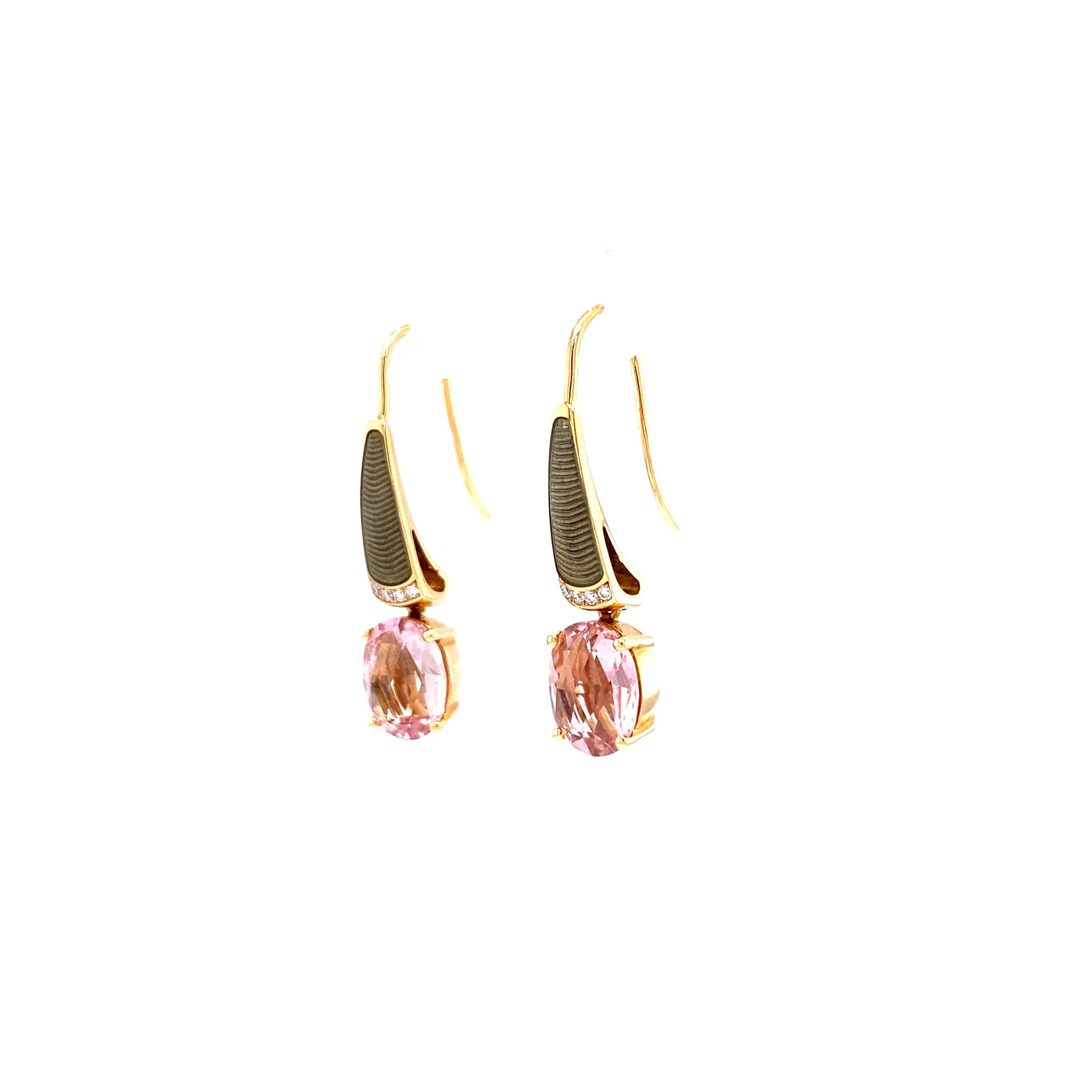 Drop Earrings 18k Rose Gold Grey Enamel 8 Diamonds 0.04 ct 2 Pink Tourmalines For Sale 3