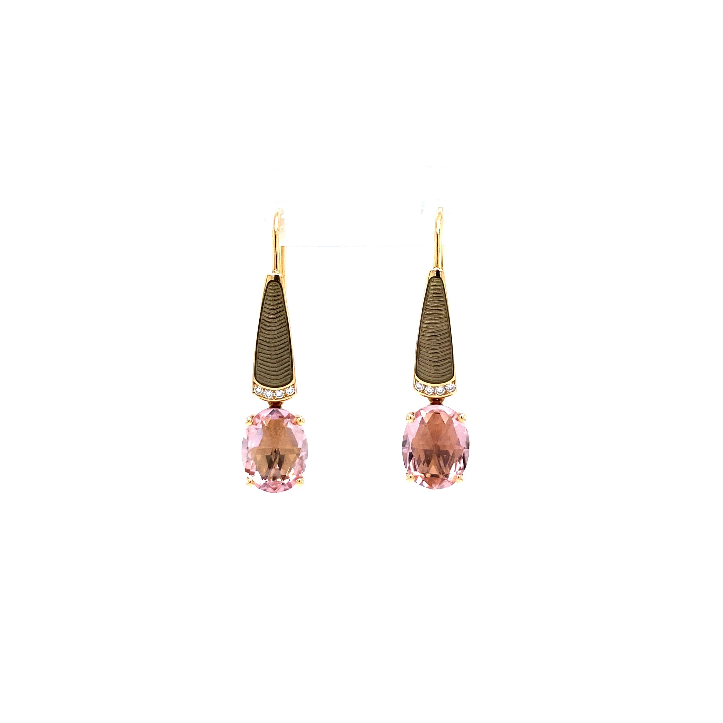 Rose Cut Drop Earrings 18k Rose Gold Grey Enamel 8 Diamonds 0.04 ct 2 Pink Tourmalines For Sale