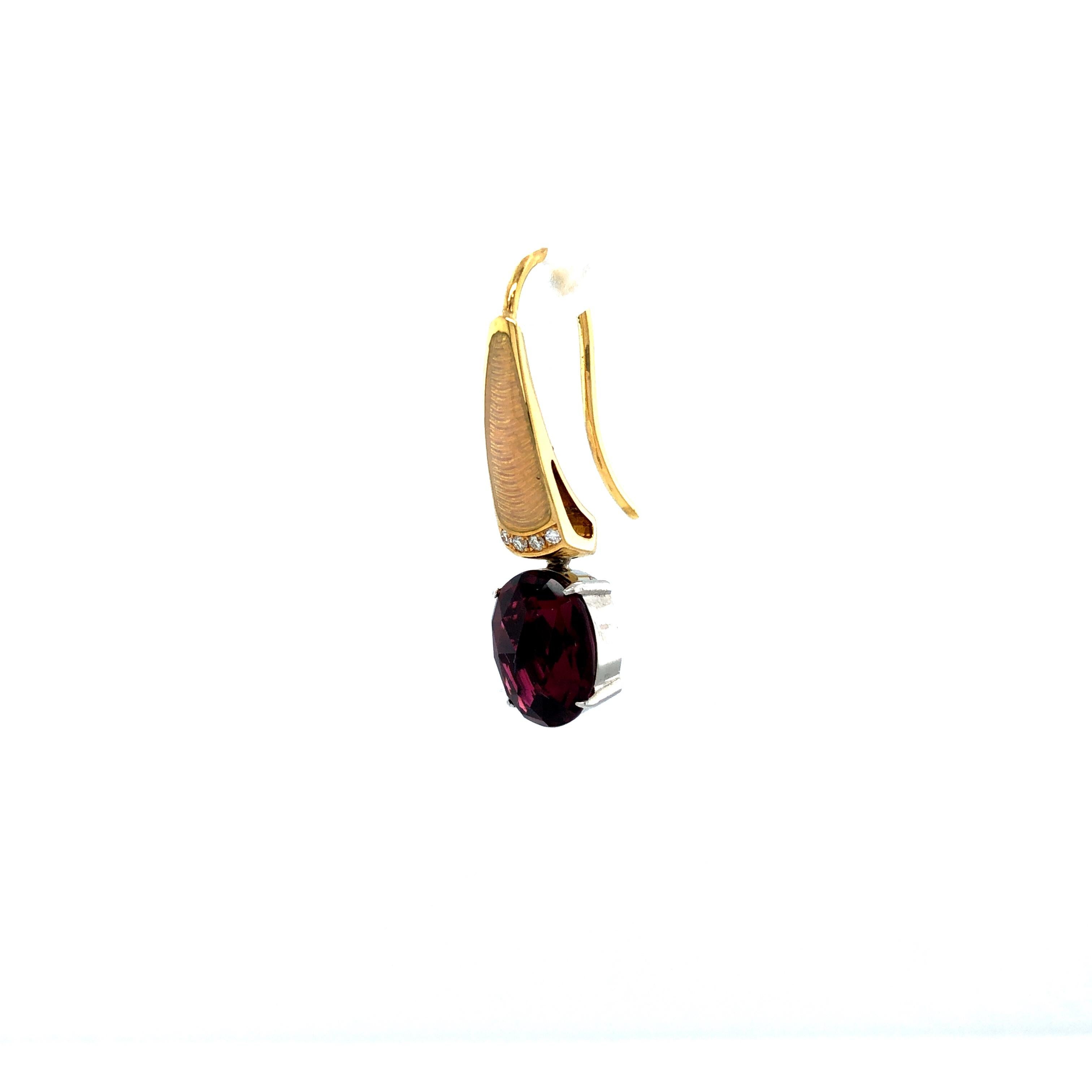 Drop Earrings 18k Yellow/White Gold Opal White Enamel 8 Diamond 0.04ct Rubellite For Sale 3