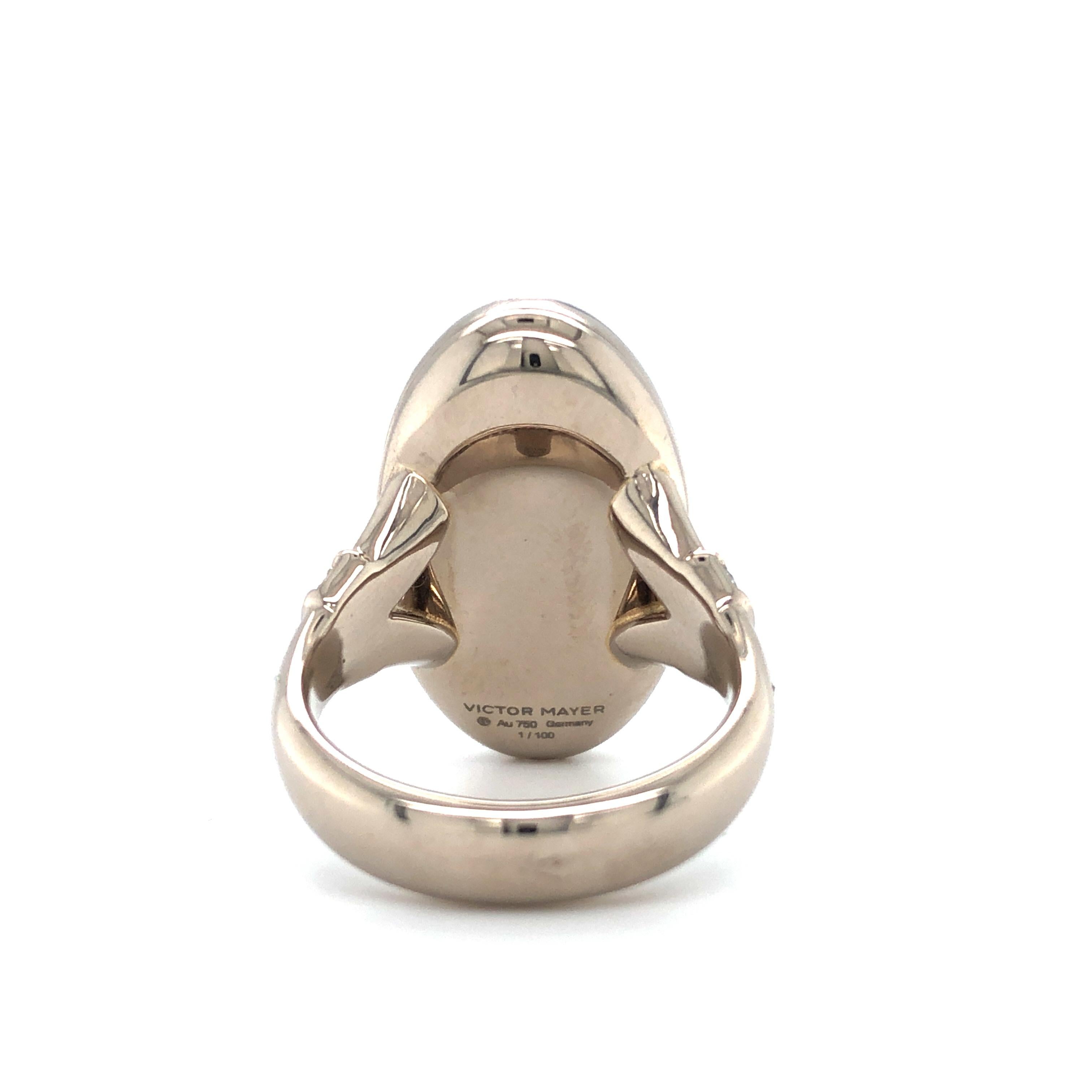 Victor Mayer Ring Pfau Hellgraue Emaille 18k Weißgold 22 Diamanten 0,40 ct im Angebot 1
