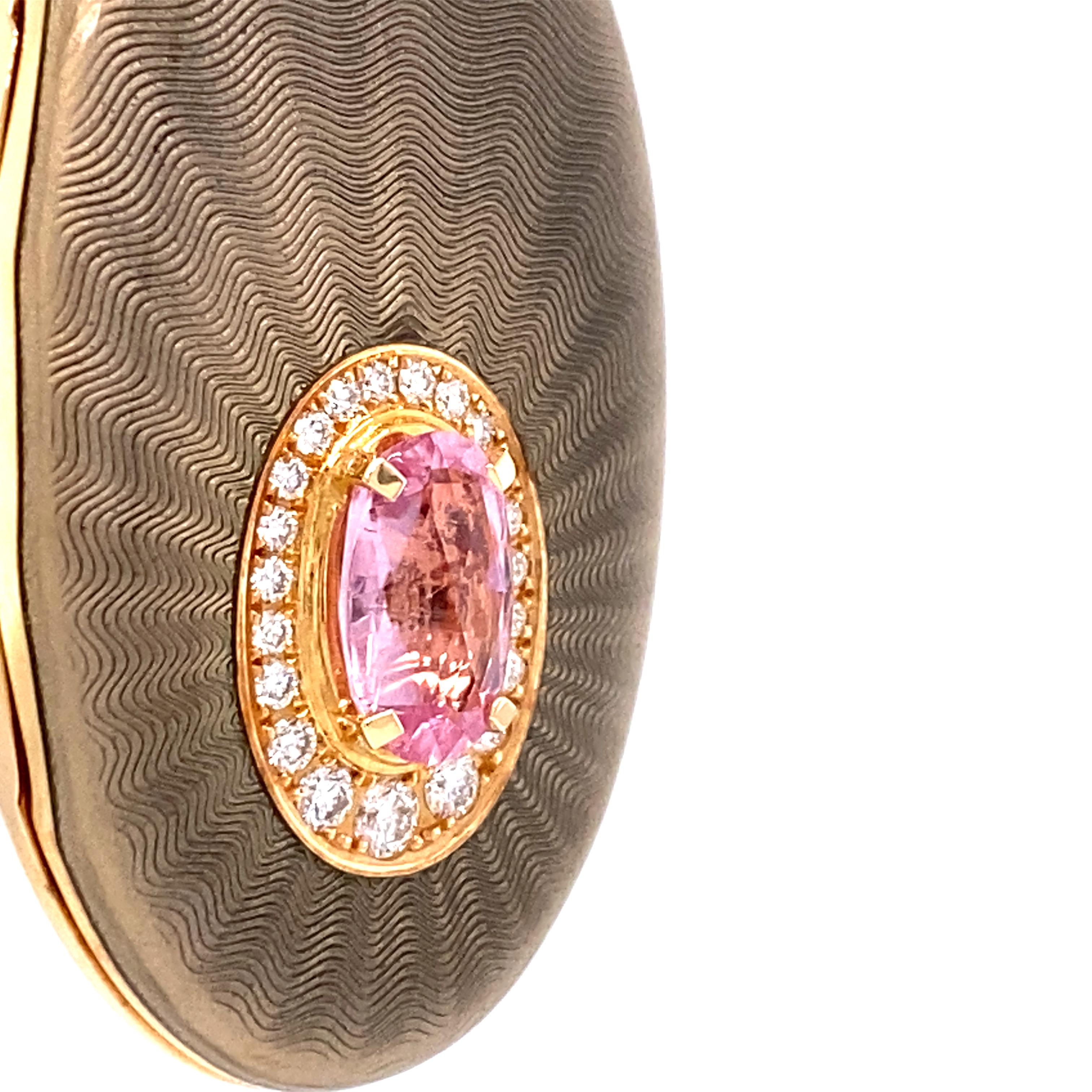 Oval Locket Pendant 18k Rose Gold Grey/Pink Enamel 26 Diamonds 1 Pink Tourmaline For Sale 1