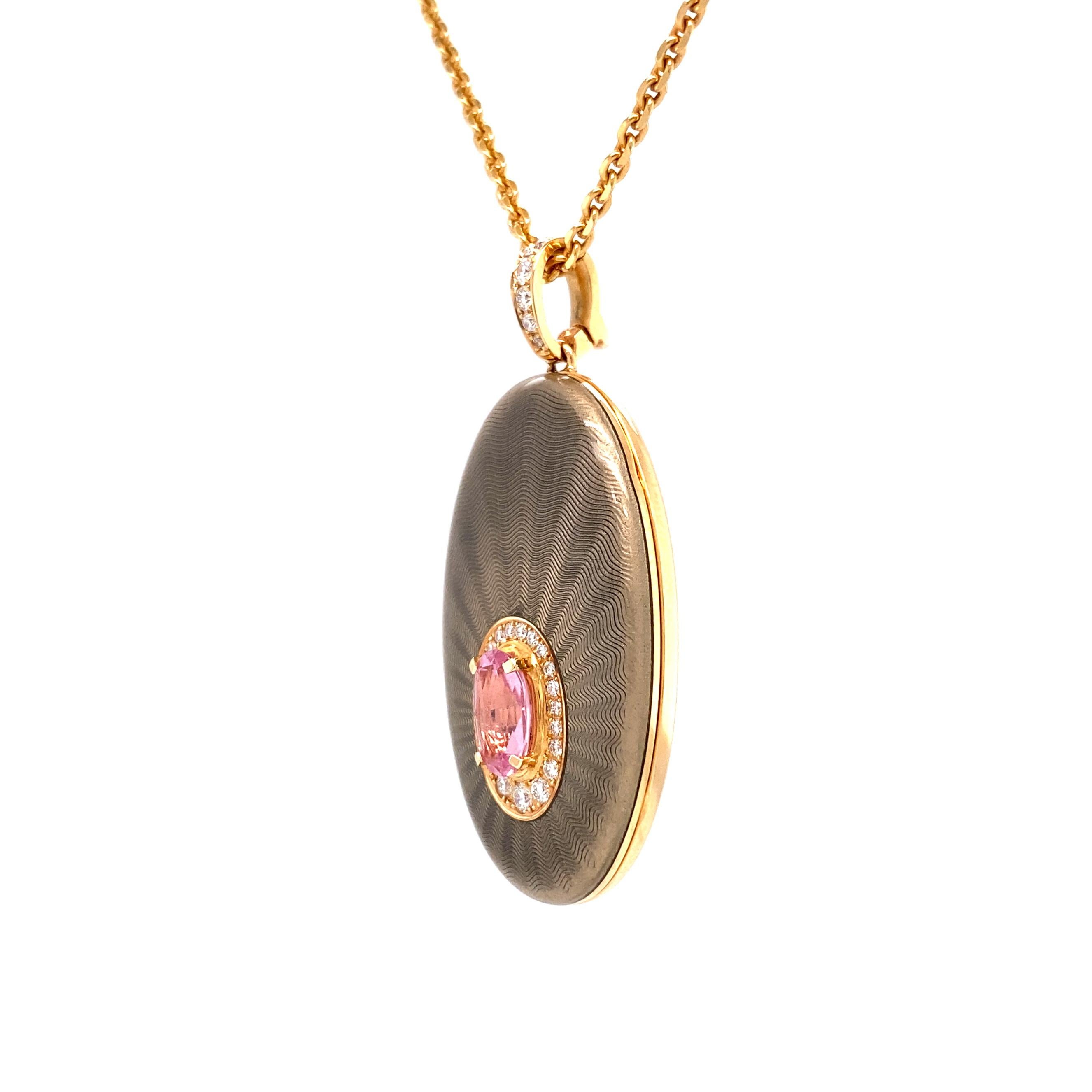 Brilliant Cut Oval Locket Pendant 18k Rose Gold Grey/Pink Enamel 26 Diamonds 1 Pink Tourmaline For Sale