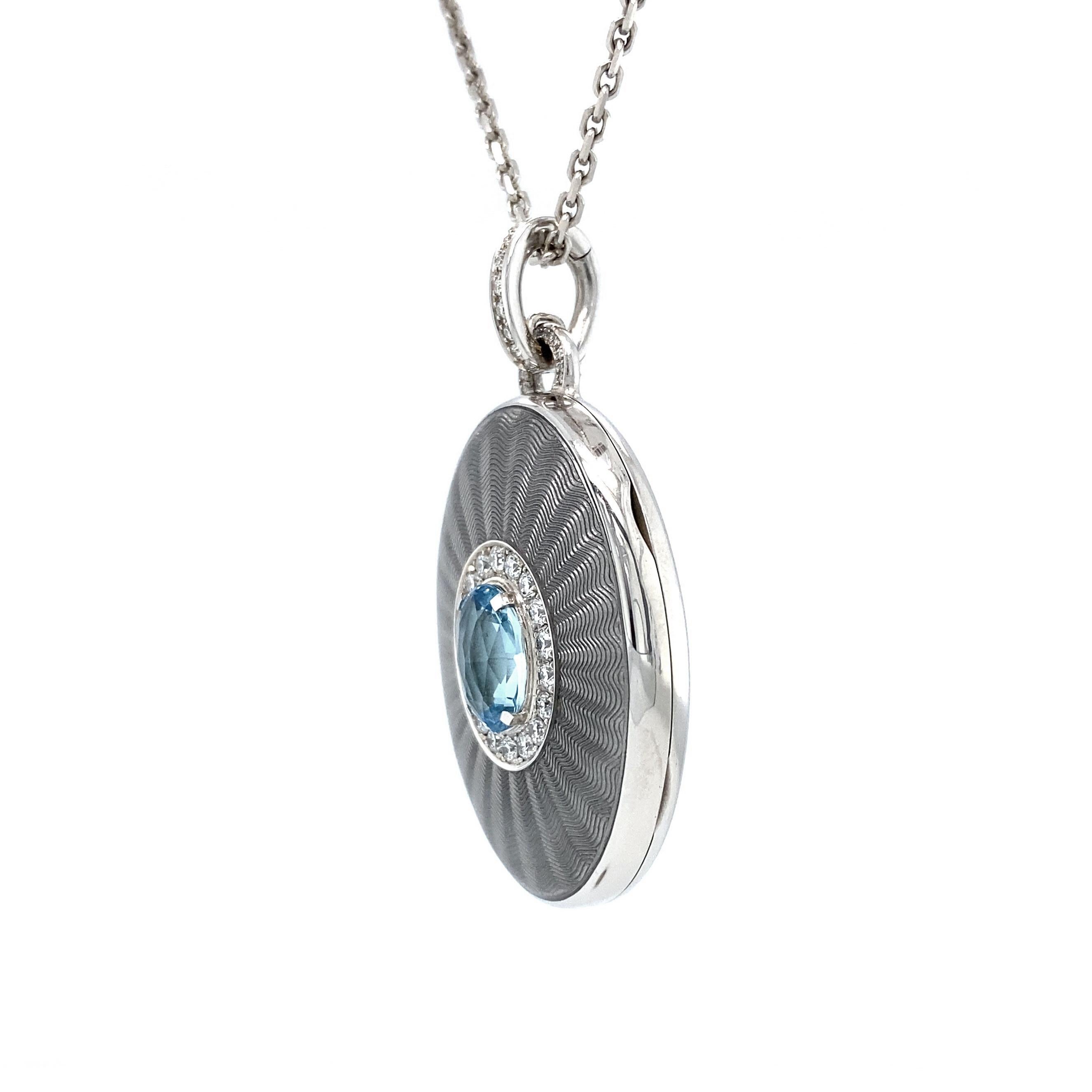 Contemporary Oval Locket Pendant 18k White Gold Silver Enamel 39 Diamonds 0.41 ct Aquamarine For Sale