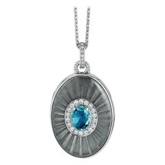 Oval Locket Pendant 18k White Gold Silver Enamel 39 Diamonds 0.41 ct Aquamarine