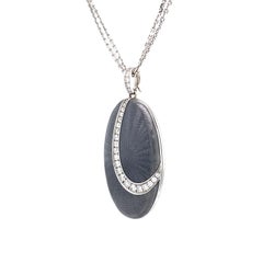 Oval Locket Pendant 18k White Gold Light Grey Vitreous Enamel 27 Diamonds 0.55ct
