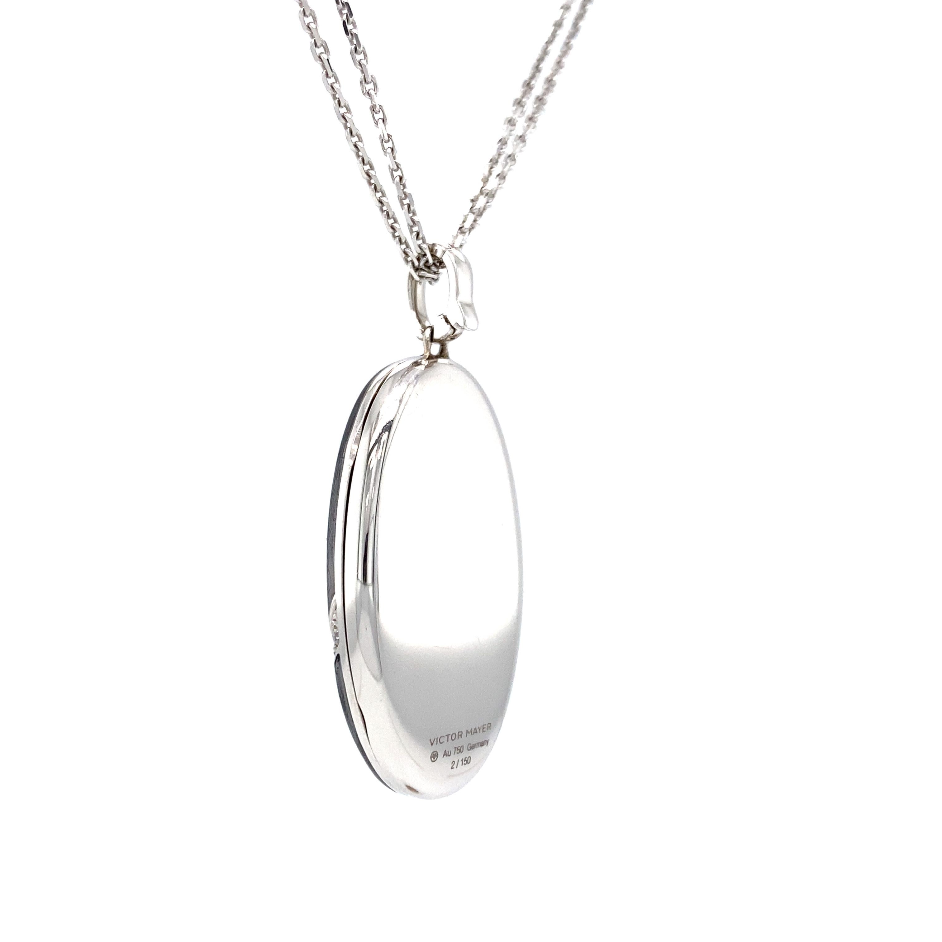 Brilliant Cut Oval Locket Pendant 18k White Gold Light Grey Vitreous Enamel 27 Diamonds 0.55ct For Sale