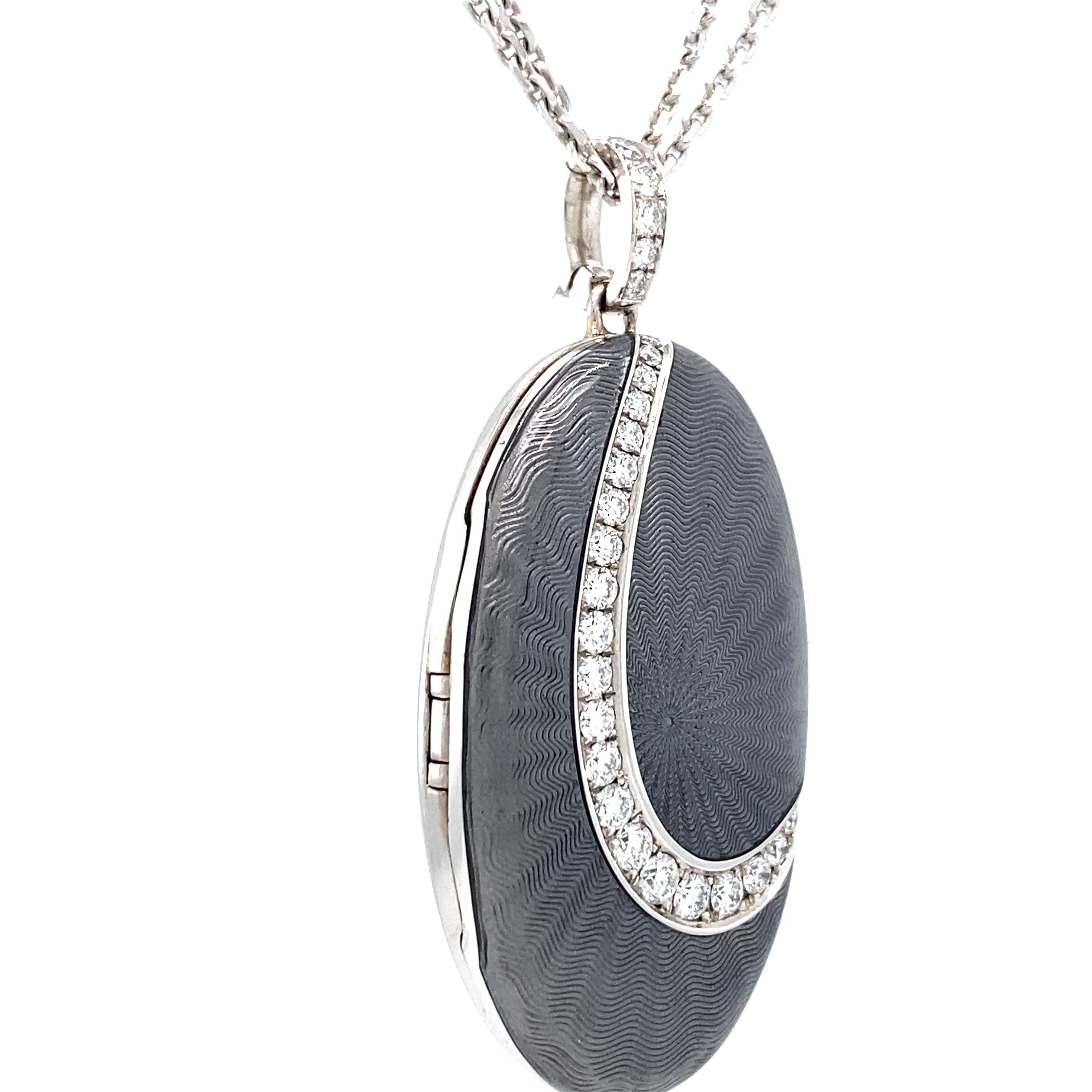 Women's Oval Locket Pendant 18k White Gold Light Grey Vitreous Enamel 27 Diamonds 0.55ct For Sale