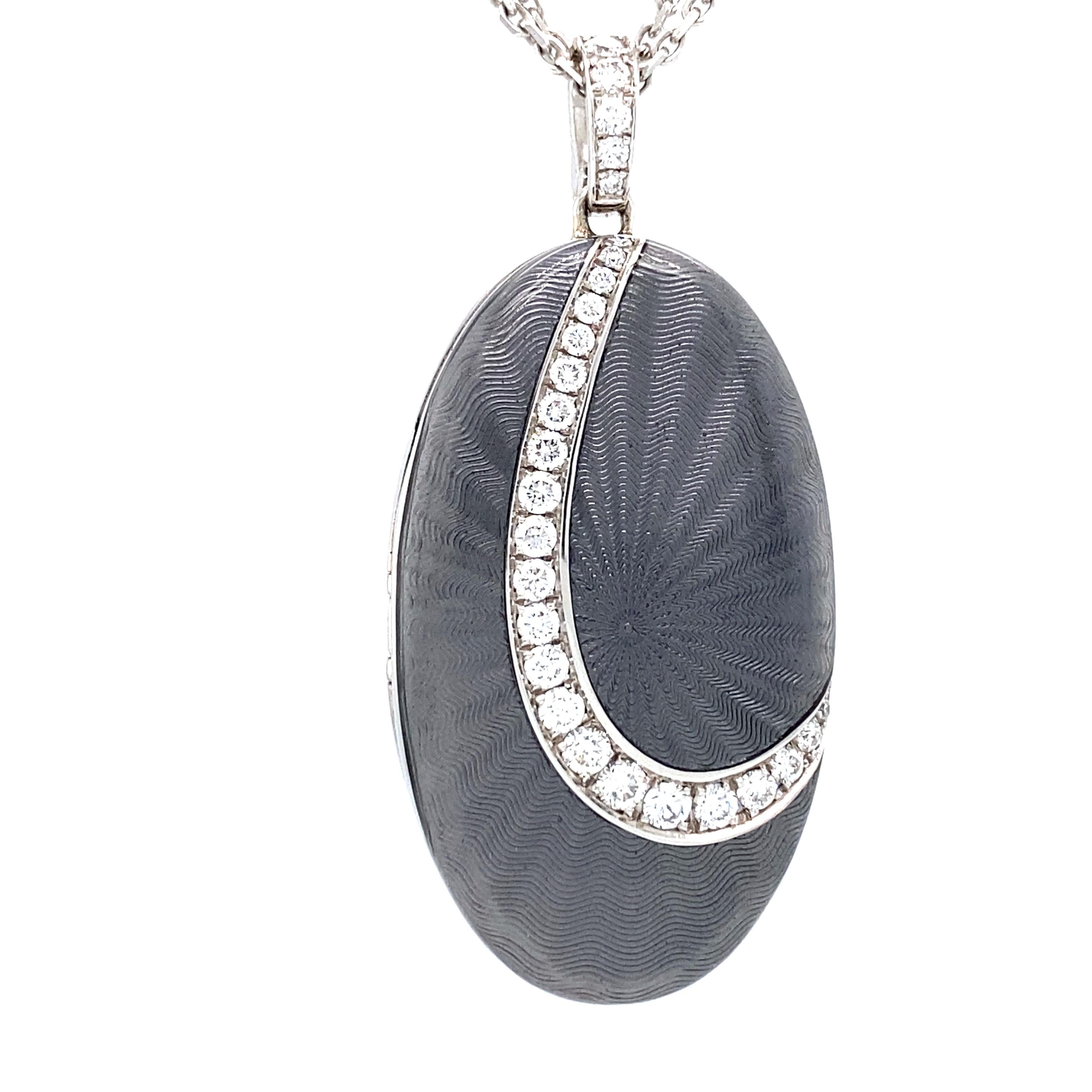 Oval Locket Pendant 18k White Gold Light Grey Vitreous Enamel 27 Diamonds 0.55ct For Sale 1