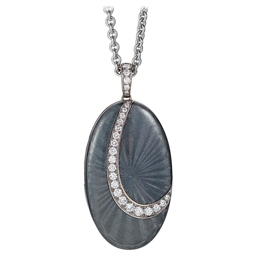 Oval Locket Pendant 18k White Gold Light Grey Vitreous Enamel 27 Diamonds 0.55ct For Sale