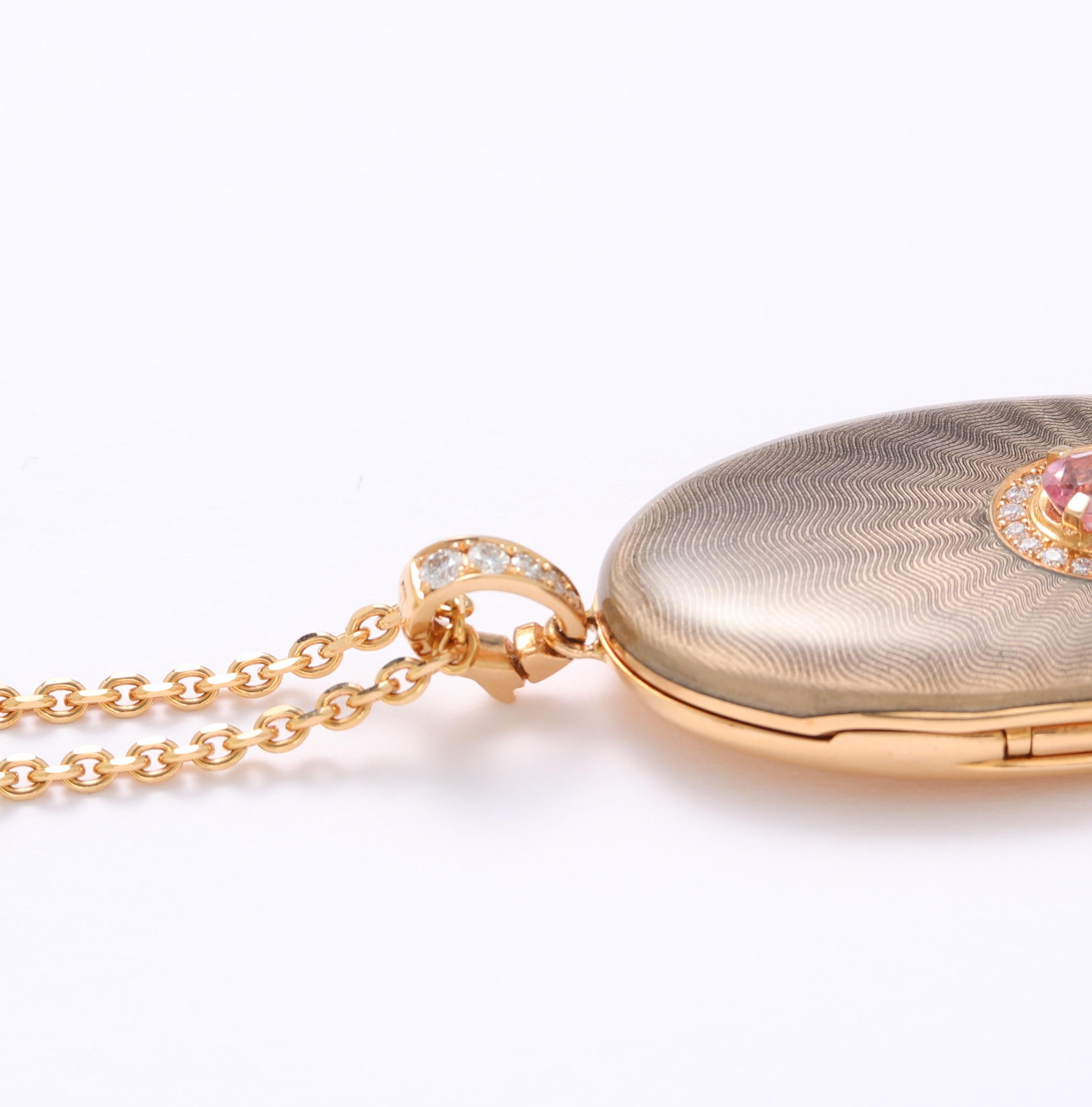 Locket Pendant Necklace 18k Rose Gold Grey/Pink Enamel 26 Diamonds 1 Tourmaline For Sale 2