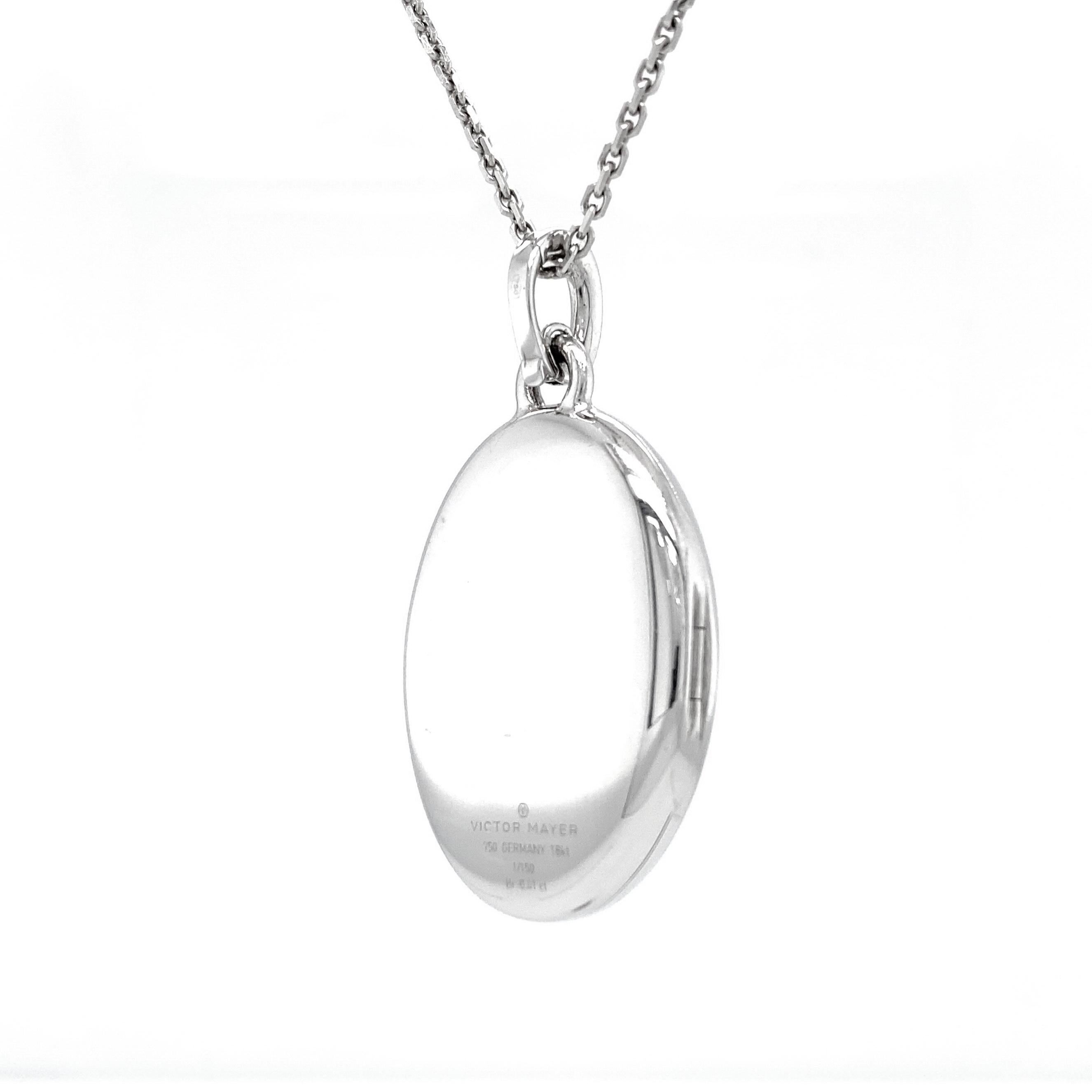 Contemporary Oval Locket Pendant Necklace 18k White Gold Silver Enamel 39 Diamonds Aquamarine For Sale