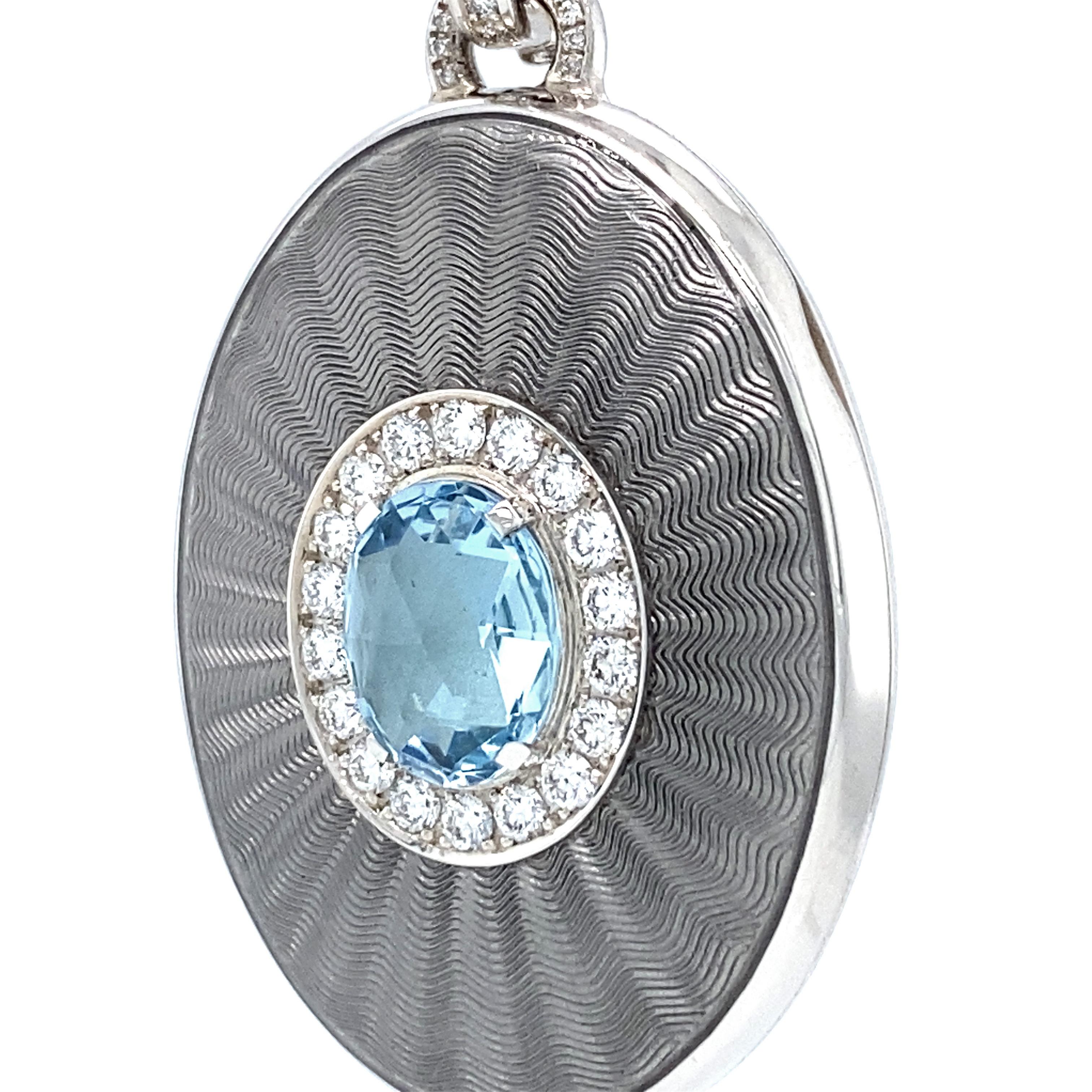 Brilliant Cut Oval Locket Pendant Necklace 18k White Gold Silver Enamel 39 Diamonds Aquamarine For Sale