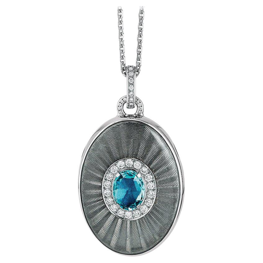 Oval Locket Pendant Necklace 18k White Gold Silver Enamel 39 Diamonds Aquamarine