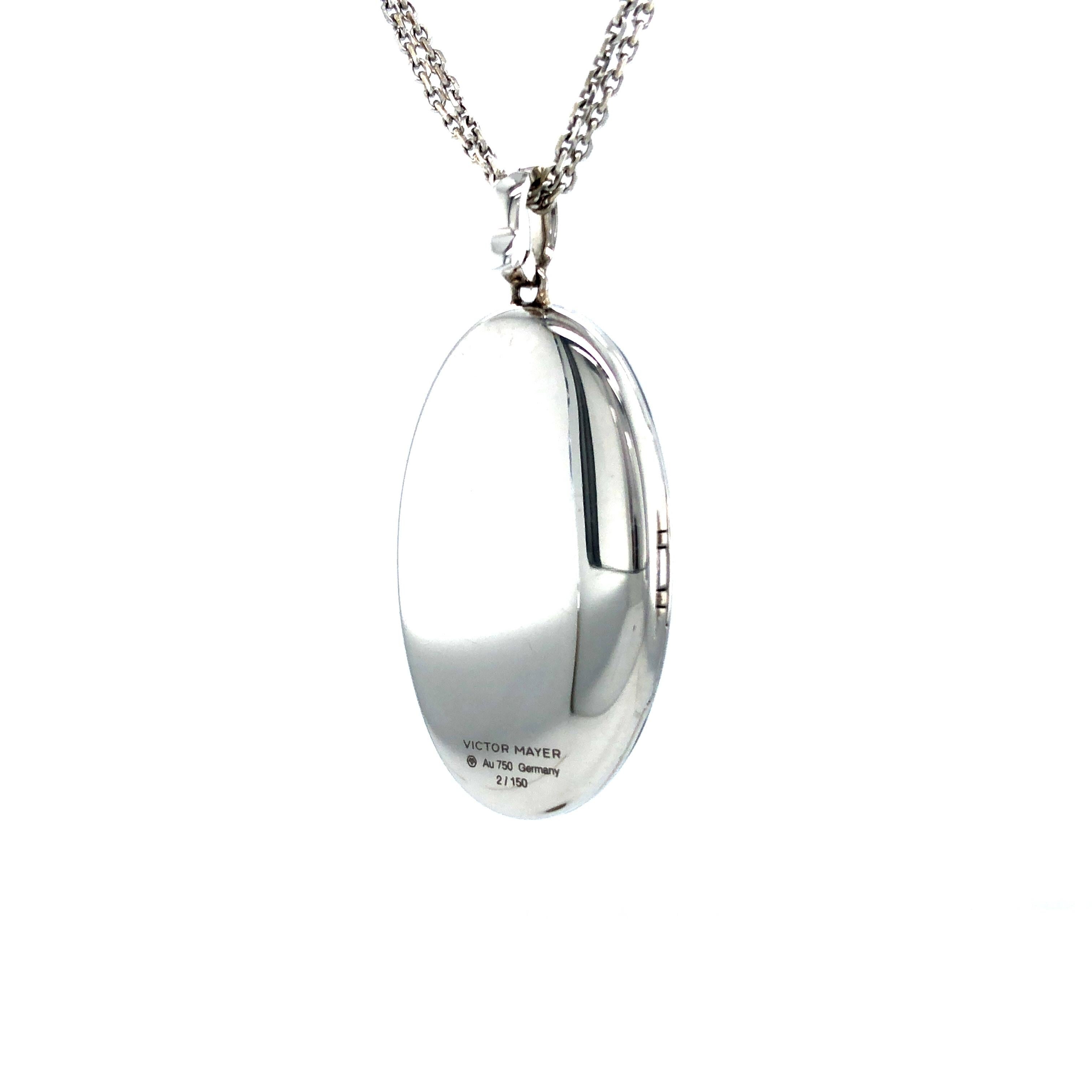 Oval Locket Pendant Necklace 18k White Gold Light Grey Enamel 27 Diamonds 0.55ct For Sale 3