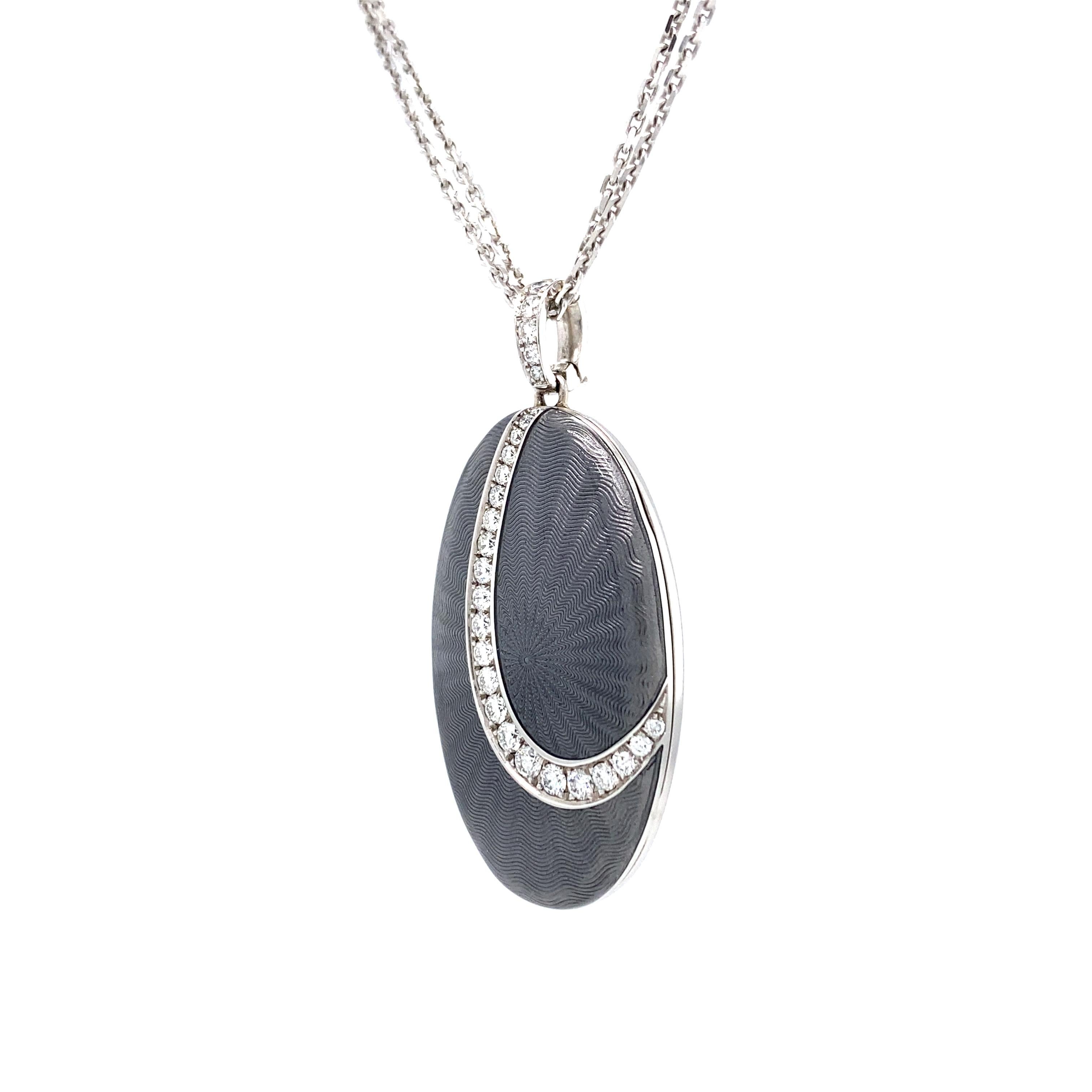 Oval Locket Pendant Necklace 18k White Gold Light Grey Enamel 27 Diamonds 0.55ct For Sale 5