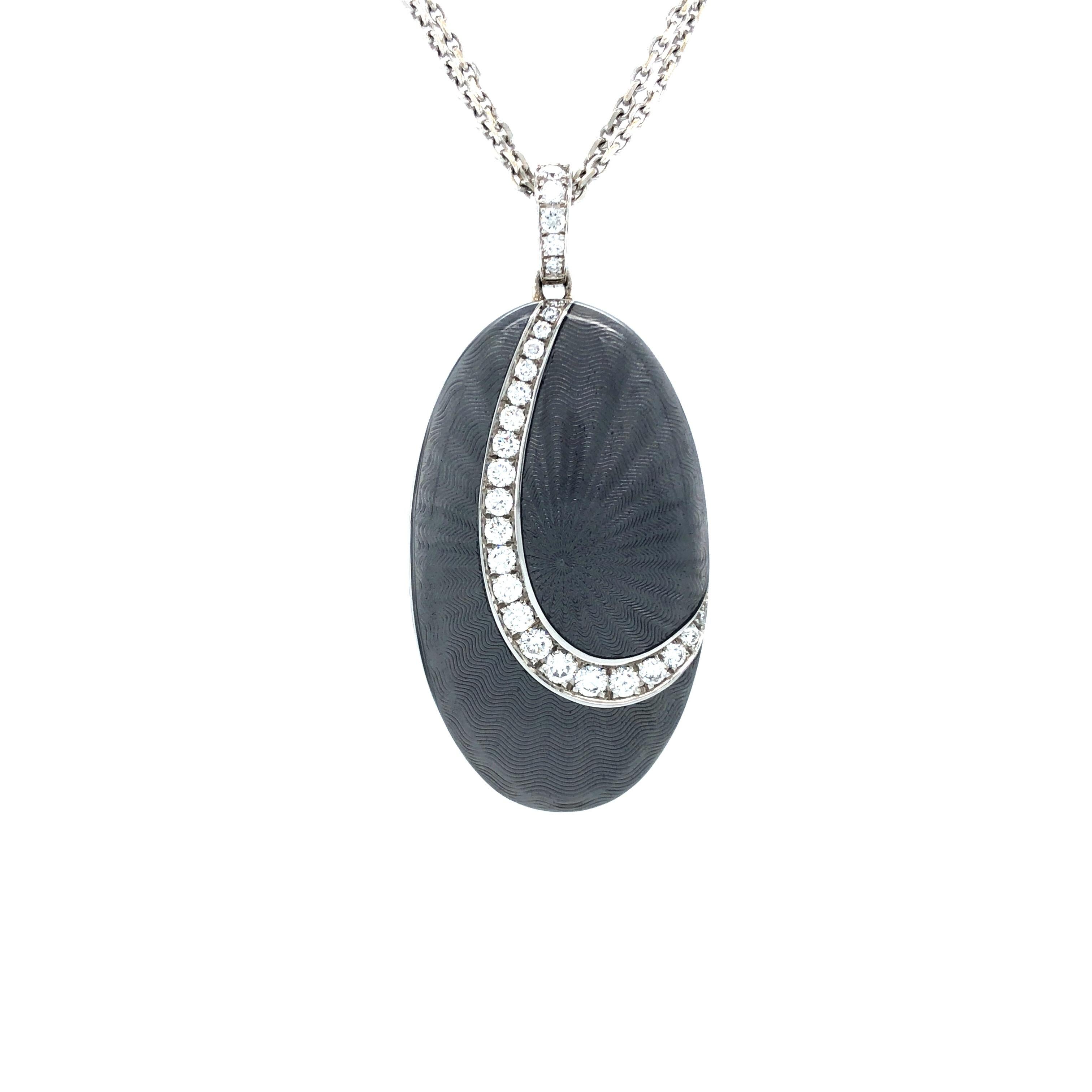 Contemporary Oval Locket Pendant Necklace 18k White Gold Light Grey Enamel 27 Diamonds 0.55ct For Sale