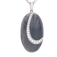 Oval Locket Pendant Necklace 18k White Gold Light Grey Enamel 27 Diamonds 0.55ct