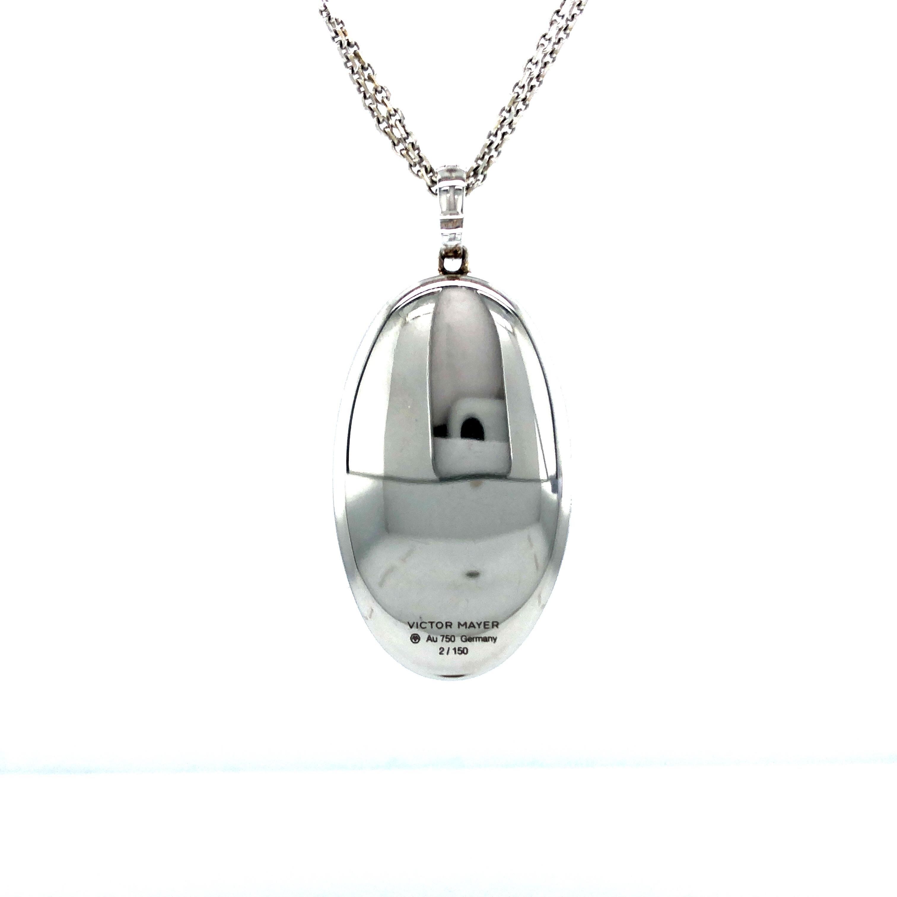 Women's Oval Locket Pendant Necklace 18k White Gold Light Grey Enamel 27 Diamonds 0.55ct For Sale