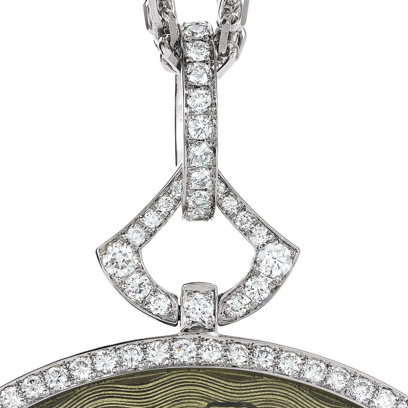 Brilliant Cut Victor Mayer Pendant Necklace 18k White Gold Cloisonné Enamel 109 Diamonds 3 ct For Sale