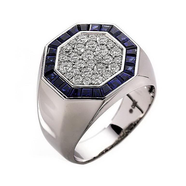 Women's or Men's Signet Ring - 18k White Gold - 28 Diamonds 0.85 ct - 24 Sapphires 1.77 ct For Sale