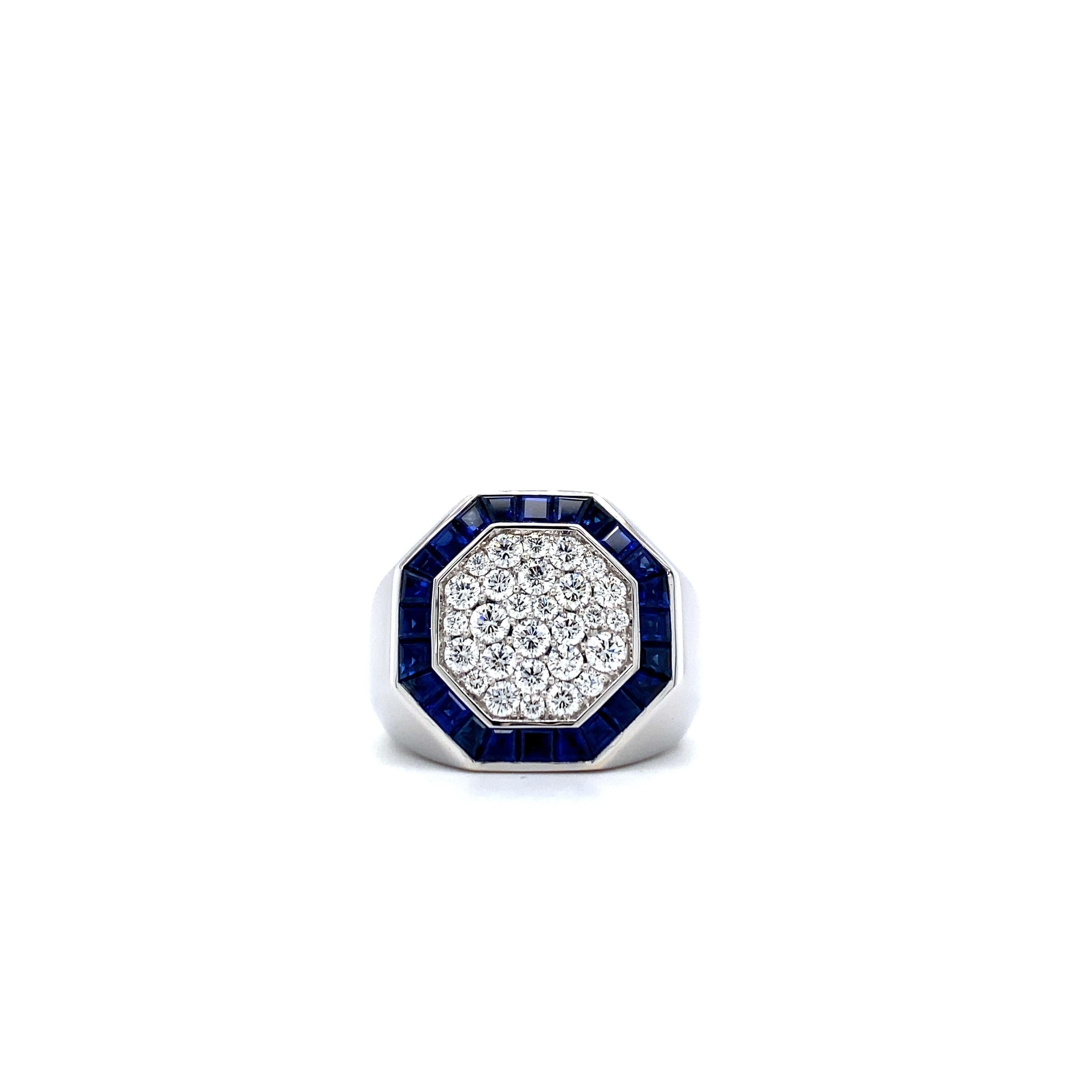 Victor Mayer Signet Ring, 18k white gold, 28 diamonds total 0.85 ct, G VS brilliant cut, 24 invisibly set sapphires total 1.77 ct, limited edition of 50 pieces

Reference: V1355/00/3H/00/101
Brand: VICTOR MAYER
Collection: Art Deco 
Material: 18k
