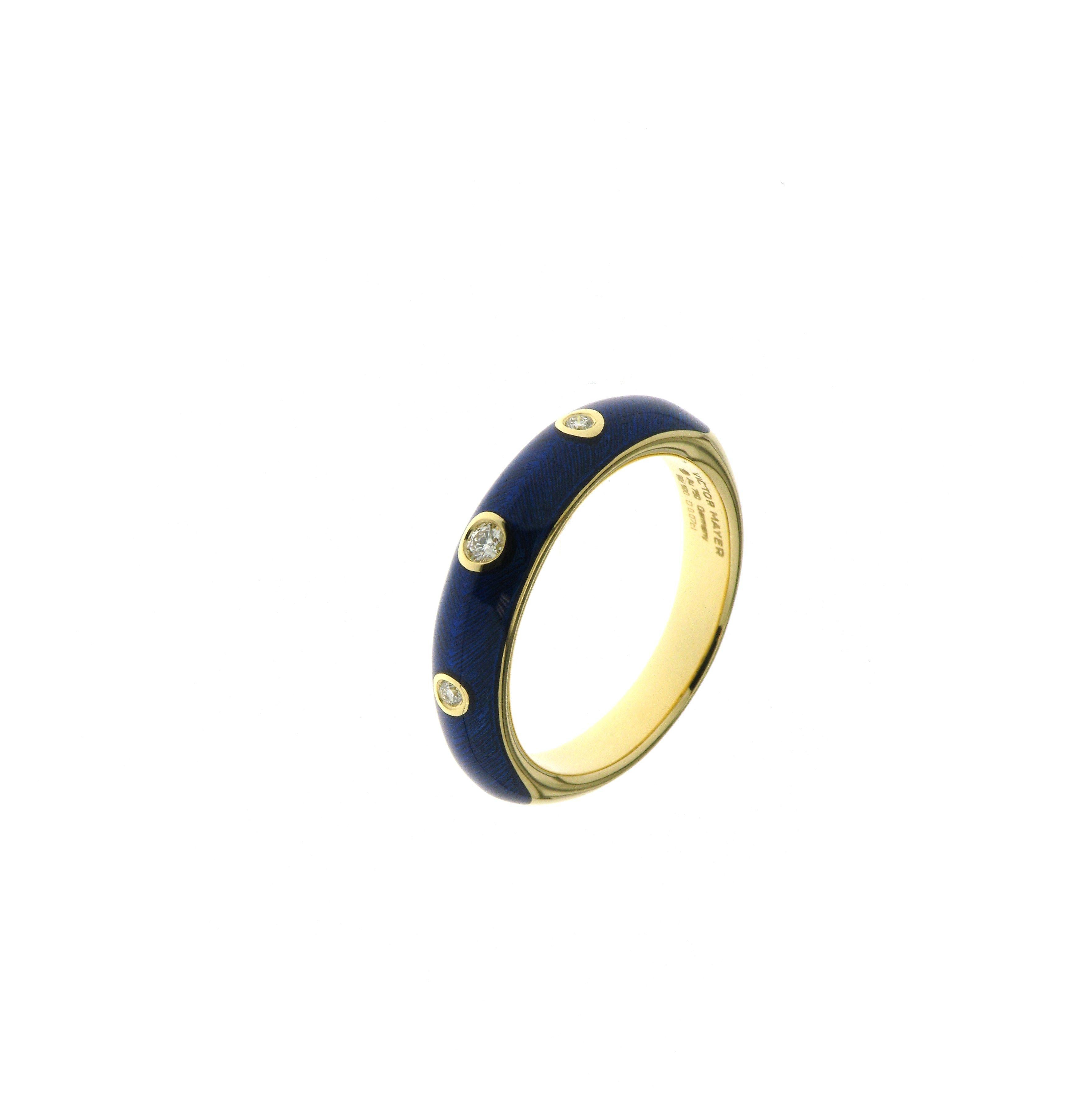Contemporary Victor Mayer Ring 18k Yellow Gold Vitreous Enamel Blue 3 Diamonds 0.07 ct For Sale