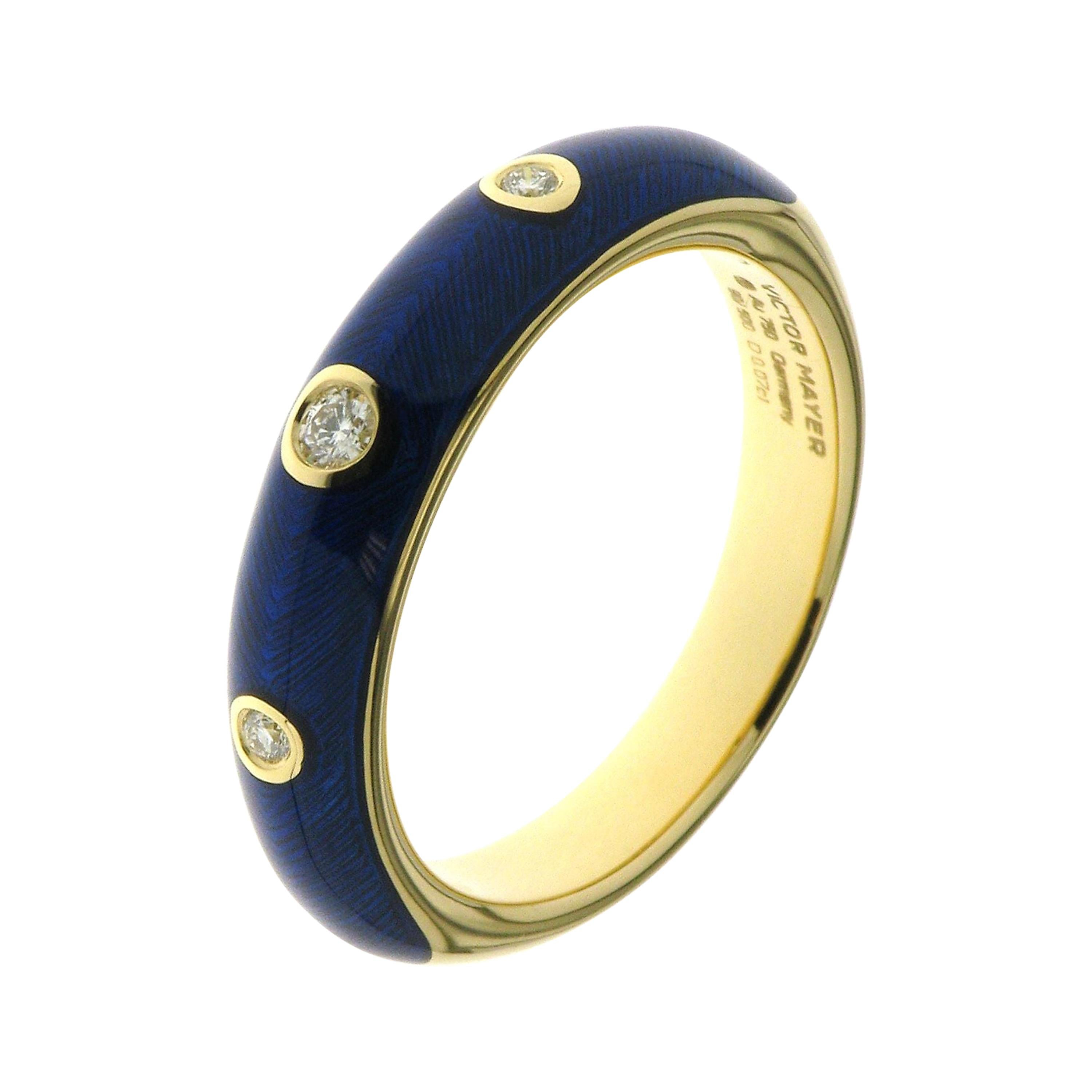 Victor Mayer Ring 18k Yellow Gold Vitreous Enamel Blue 3 Diamonds 0.07 ct For Sale
