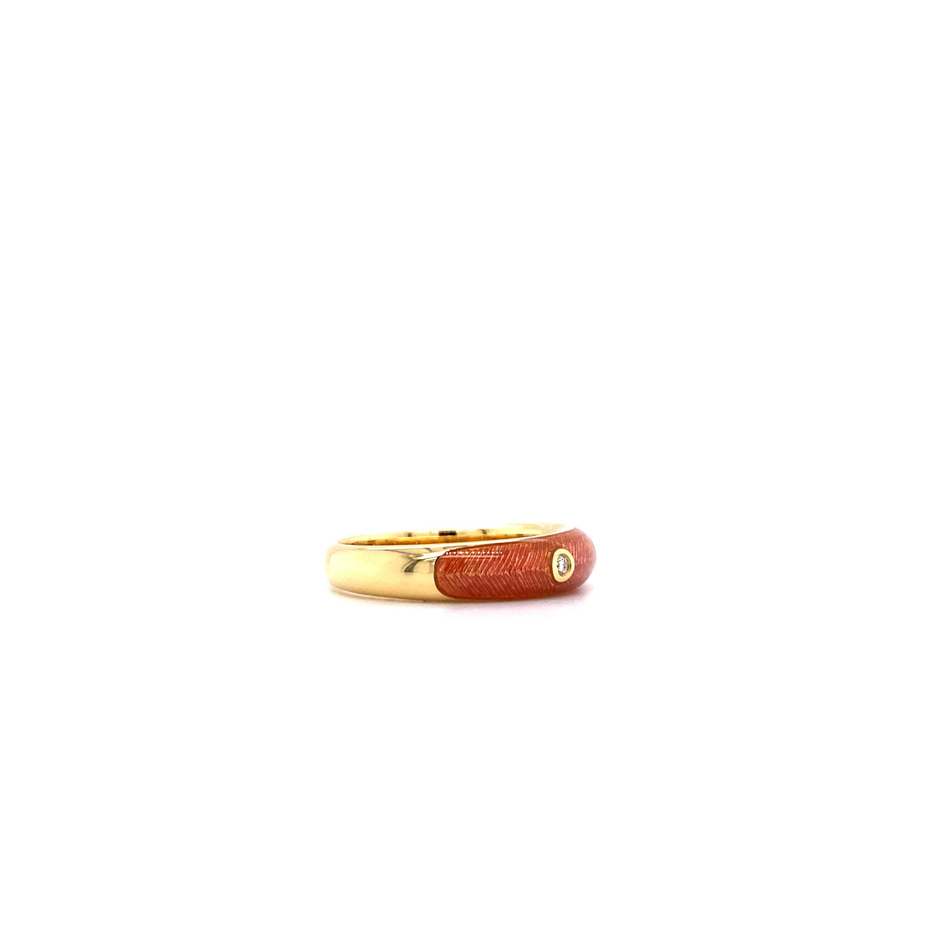 Contemporary Victor Mayer Ring 18k Yellow Gold, Vitreous Enamel pink, 3 diamonds 0.07 ct For Sale