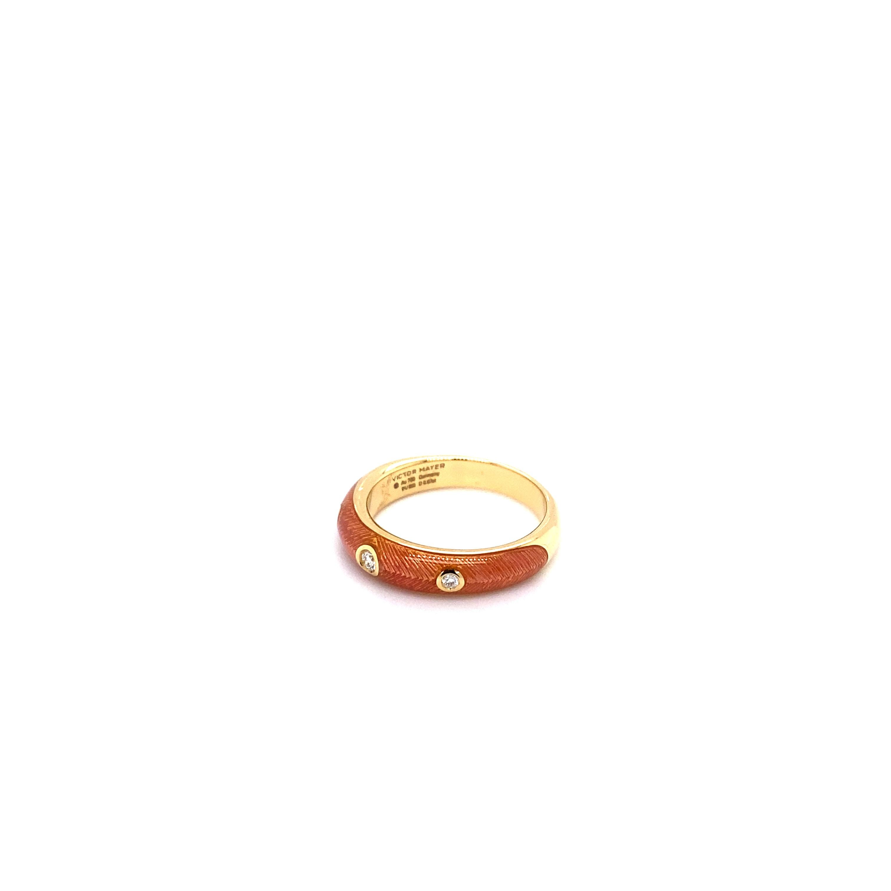 Victor Mayer Ring 18k Yellow Gold, Vitreous Enamel pink, 3 diamonds 0.07 ct For Sale 1