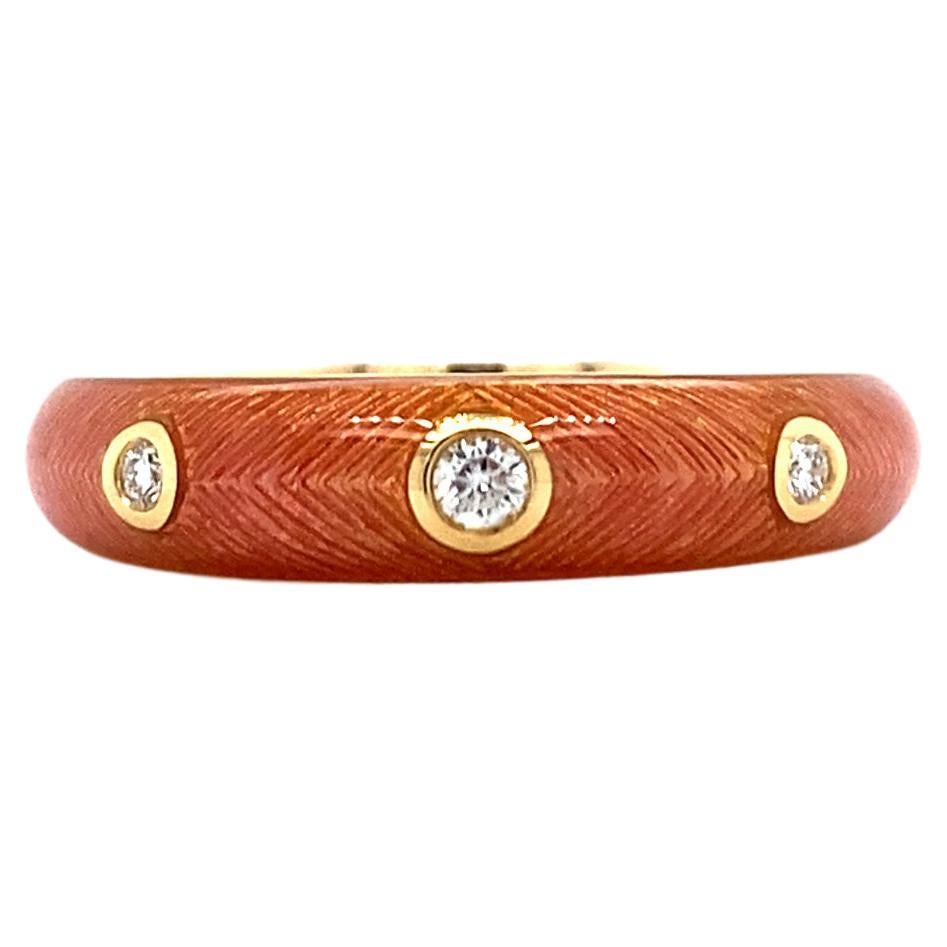 Victor Mayer Ring 18k Yellow Gold, Vitreous Enamel pink, 3 diamonds 0.07 ct