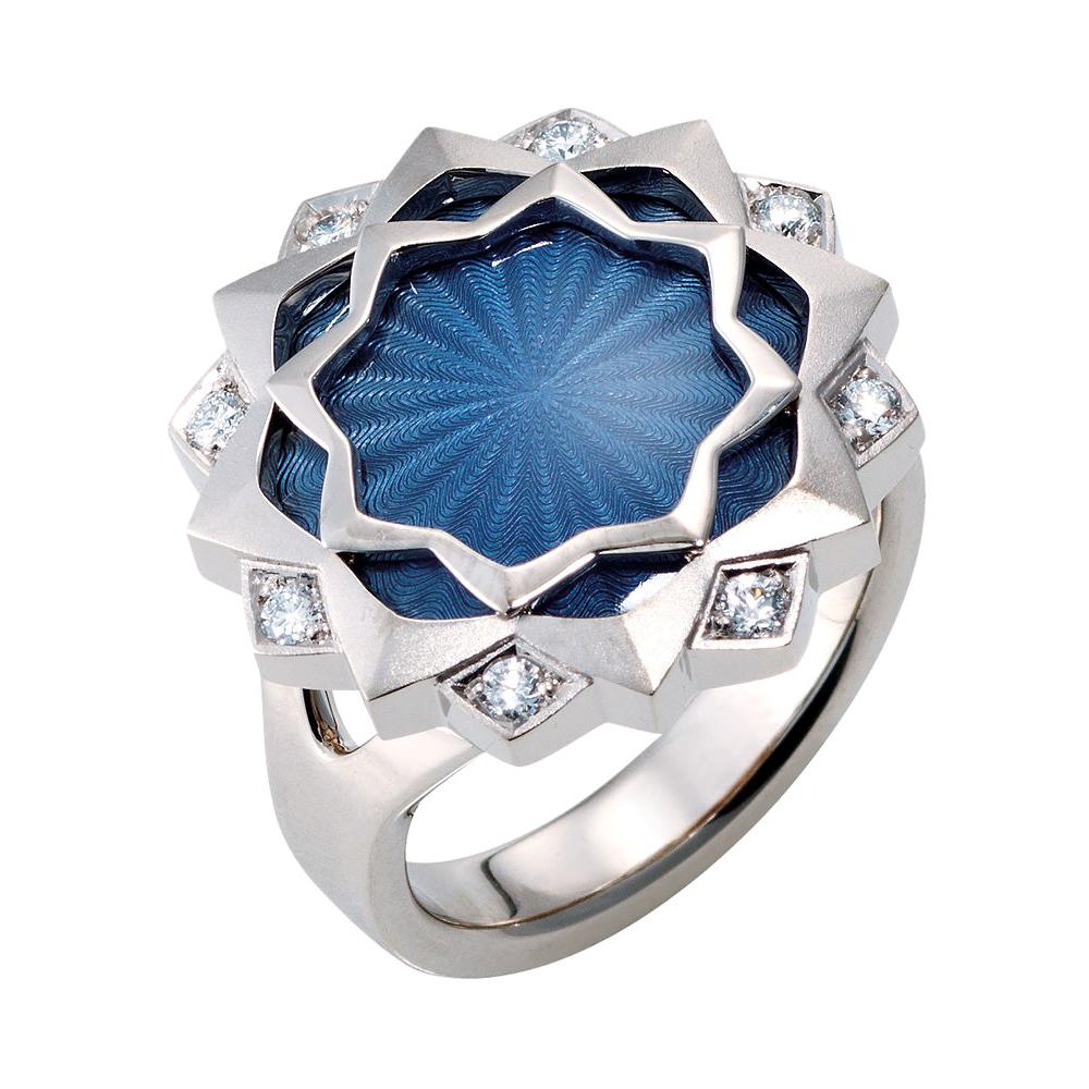 Victor Mayer Ring Chrysantheme, 18k RG/WG, Vitreous Enamel, 8 Diamonds Total 0.2 For Sale