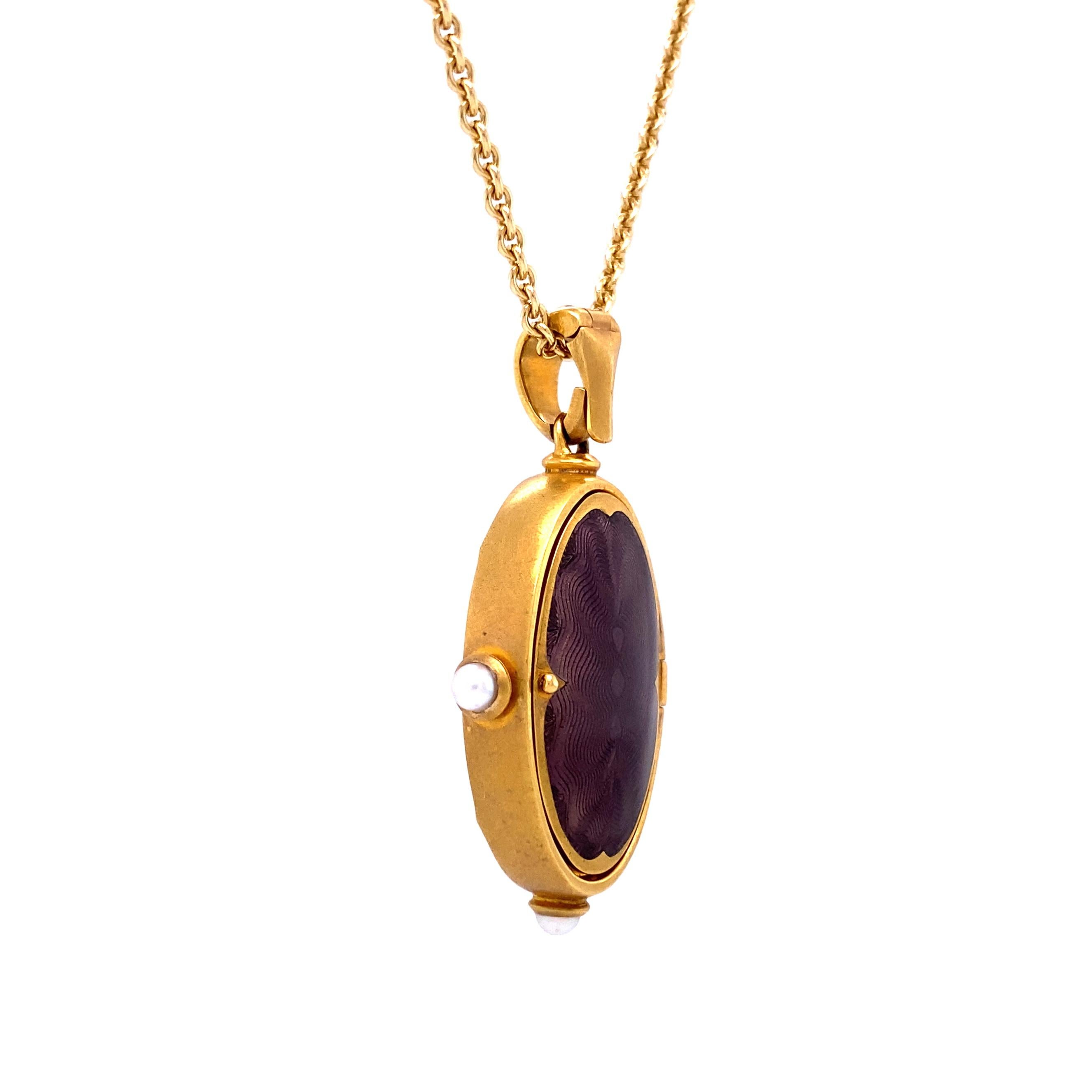 Contemporary Oval Locket Pendant 18k Yellow Gold Matt Purple Enamel 1 Peridot 3 Akoya Pearls For Sale