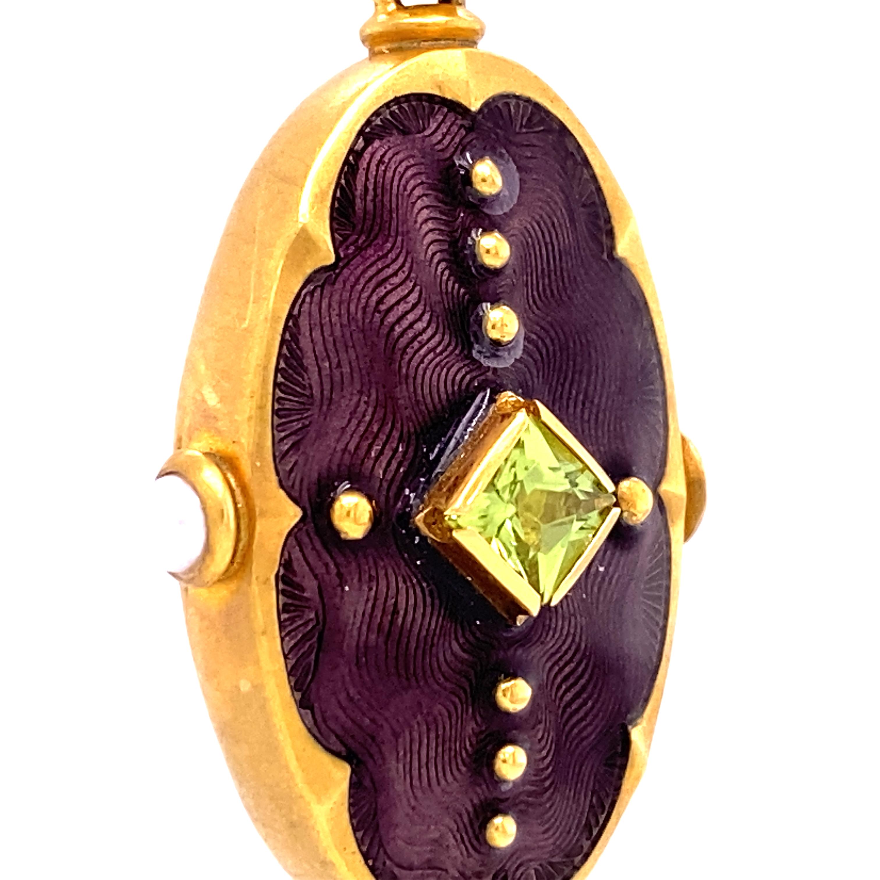 Women's Oval Locket Pendant 18k Yellow Gold Matt Purple Enamel 1 Peridot 3 Akoya Pearls For Sale