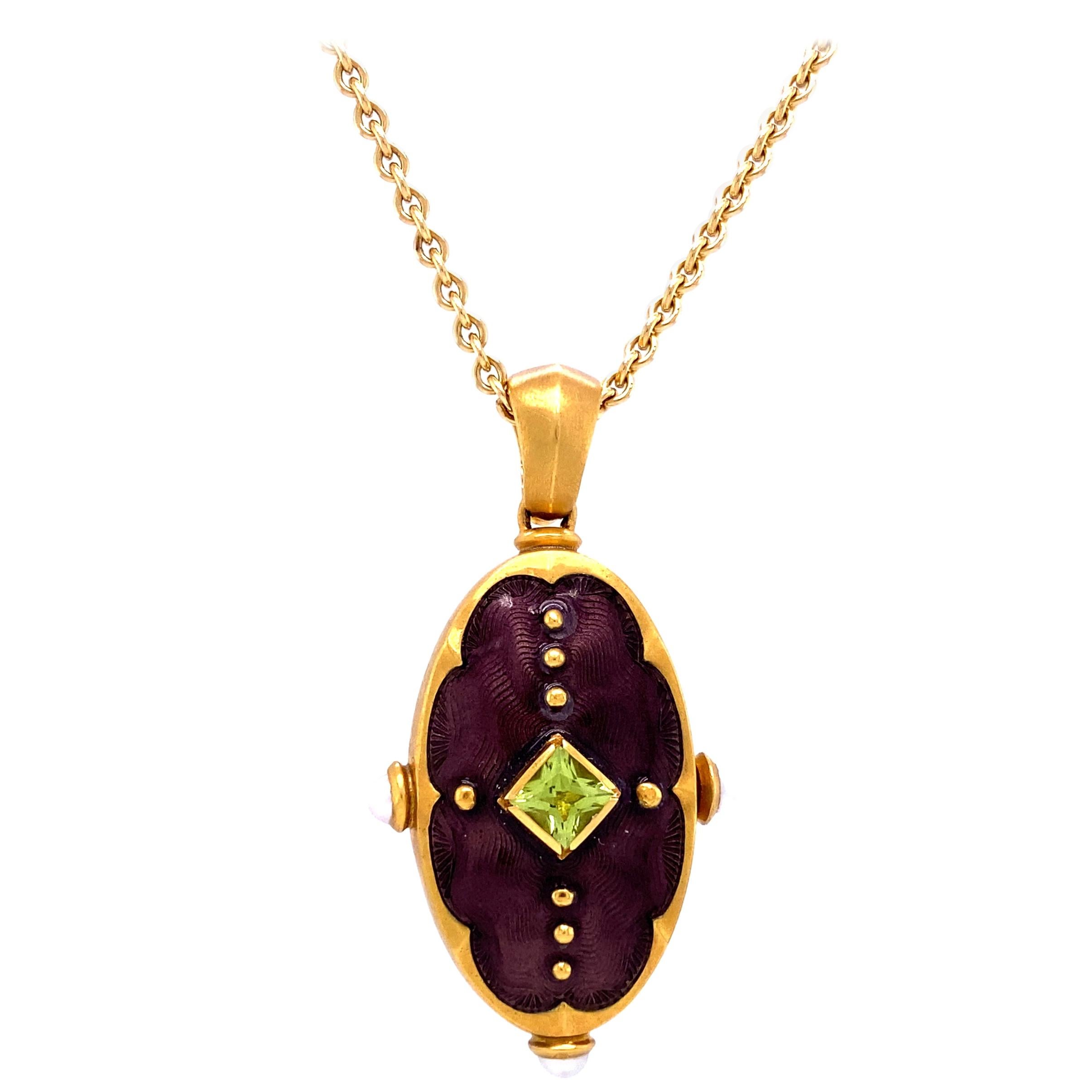 Oval Locket Pendant 18k Yellow Gold Matt Purple Enamel 1 Peridot 3 Akoya Pearls For Sale