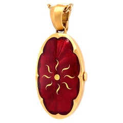 Oval Pendant Locket 18k Yellow Gold Red Guilloche Enamel Paillons 26.0 x 15.5 mm