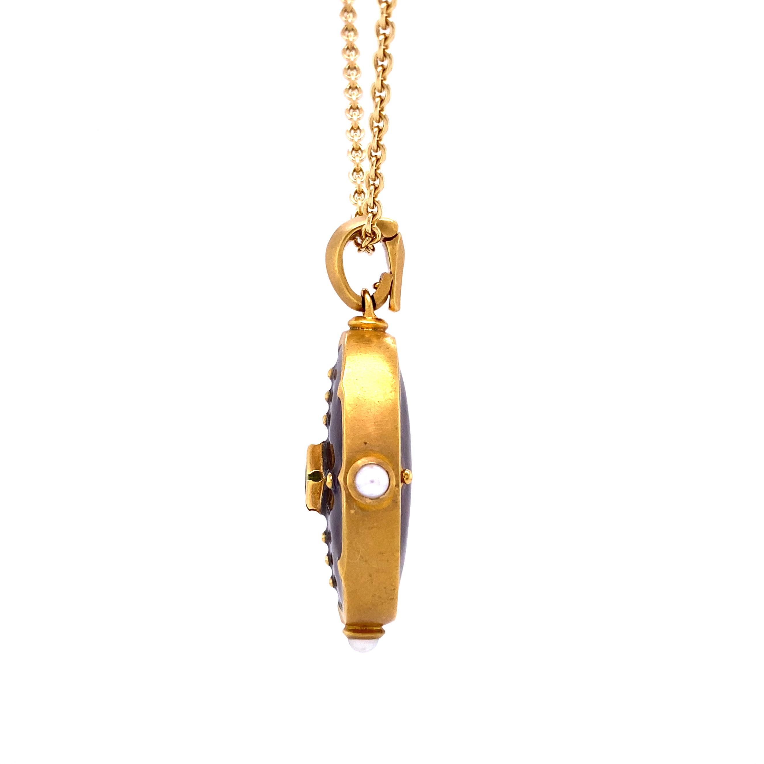 Contemporary Oval Locket Pendant Necklace 18k Yellow Gold Purple Enamel Peridot Akoya Pearls For Sale