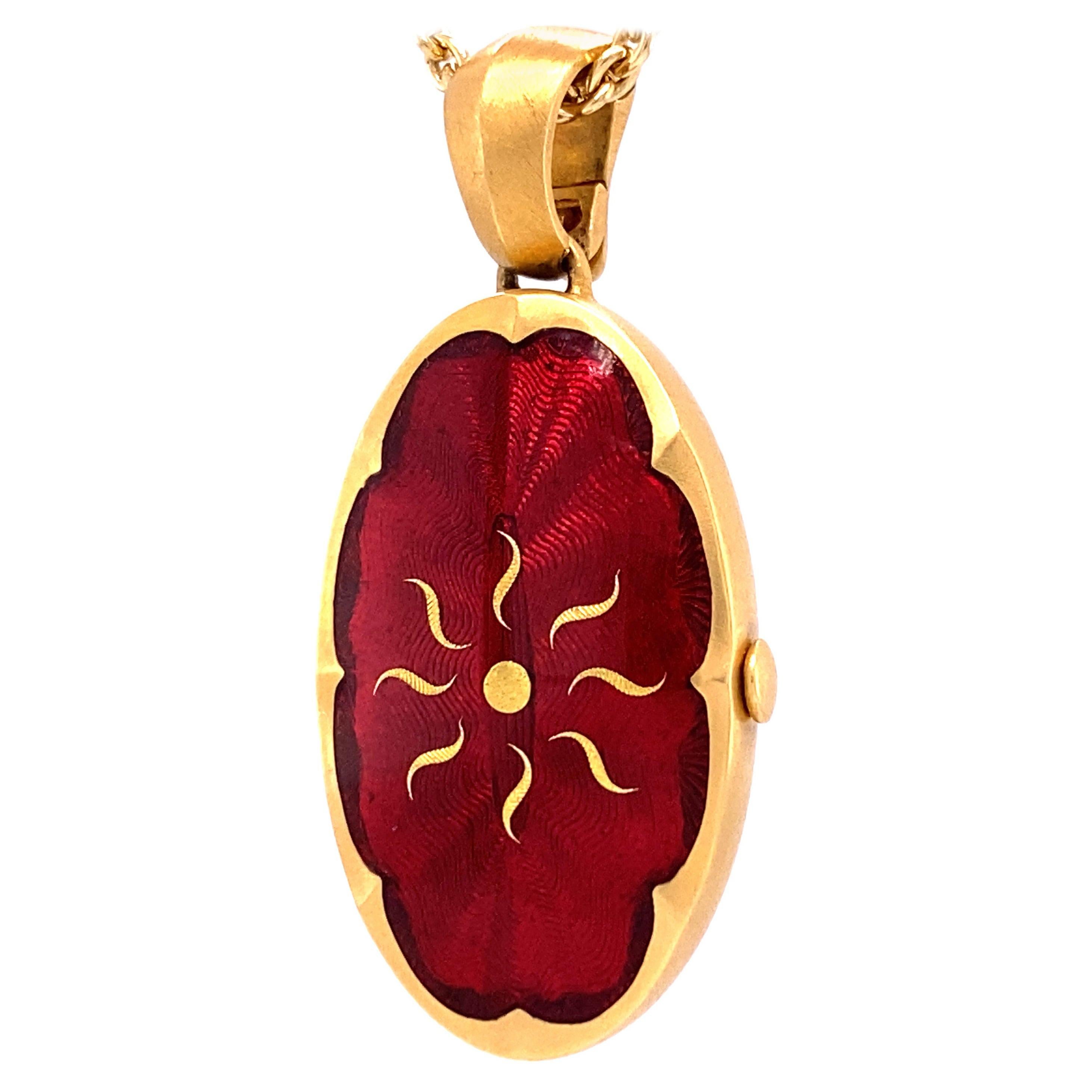 Oval Pendant Locket Necklace - 18k Yellow Gold - Red Guilloche Enamel Paillons
