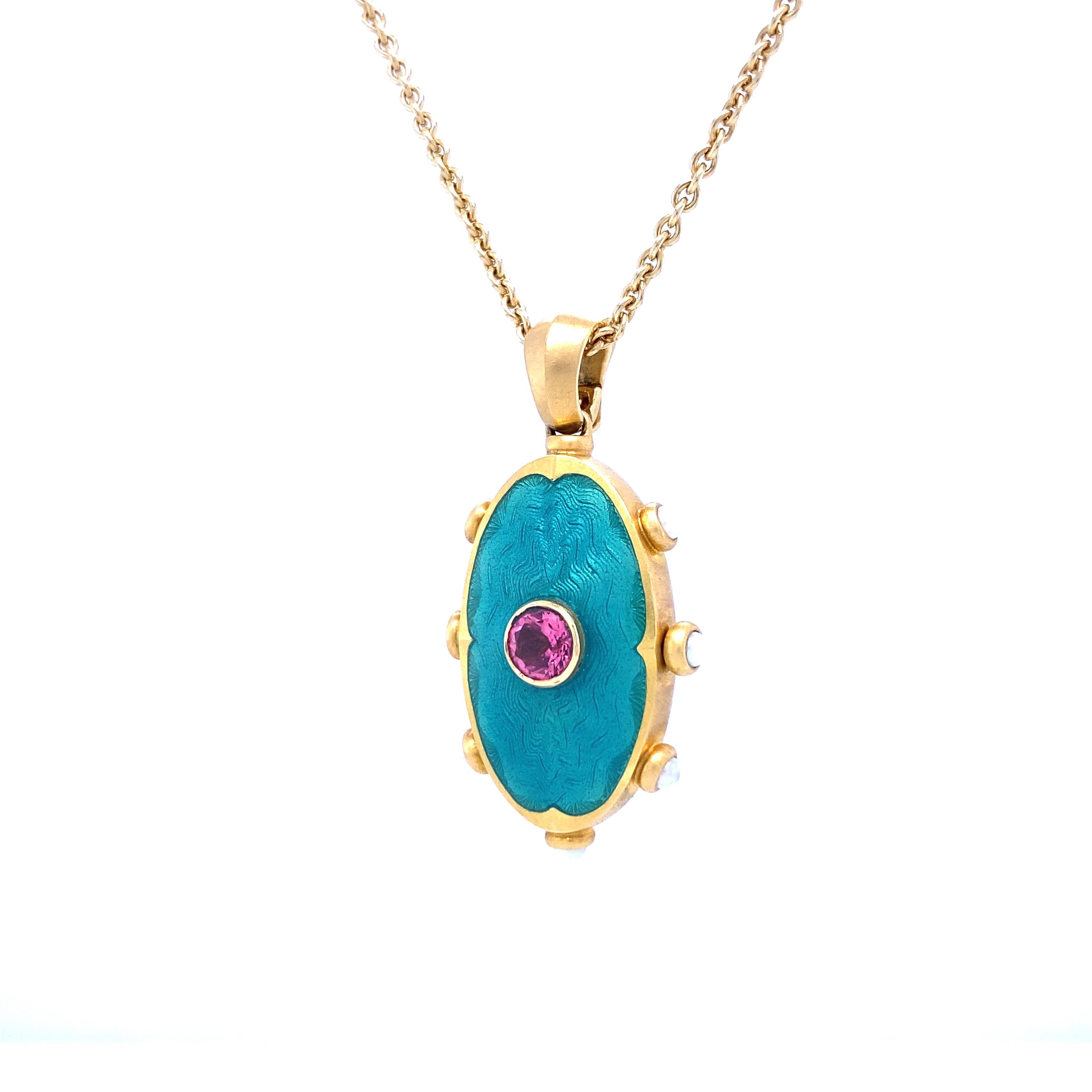 Victor Mayer oval locket pendant necklace 18k yellow gold, matt finish, Romance Collection, translucent turquoise vitreous enamel, guilloche, 1 rubellite (pink tourmaline), 7 akoya pearls, measurements app. 40.0 mm x 20.0 mm

About the creator