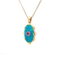 Oval Locket Pendant Necklace 18k Yellow Gold Turquoise Enamel Rubellite & Pearls