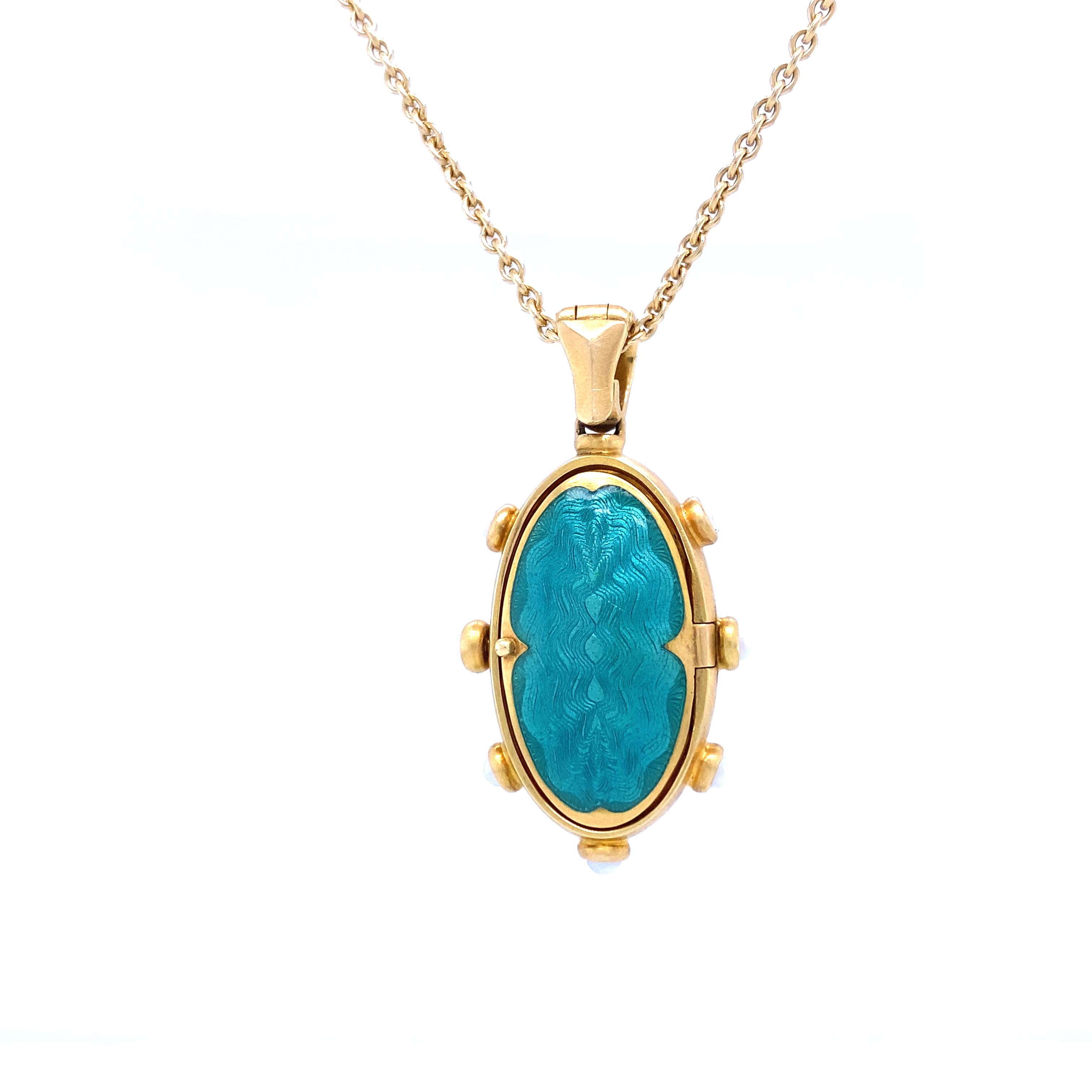 Cabochon Oval Locket Pendant Necklace 18k Yellow Gold Turquoise Enamel Rubellite & Pearls For Sale