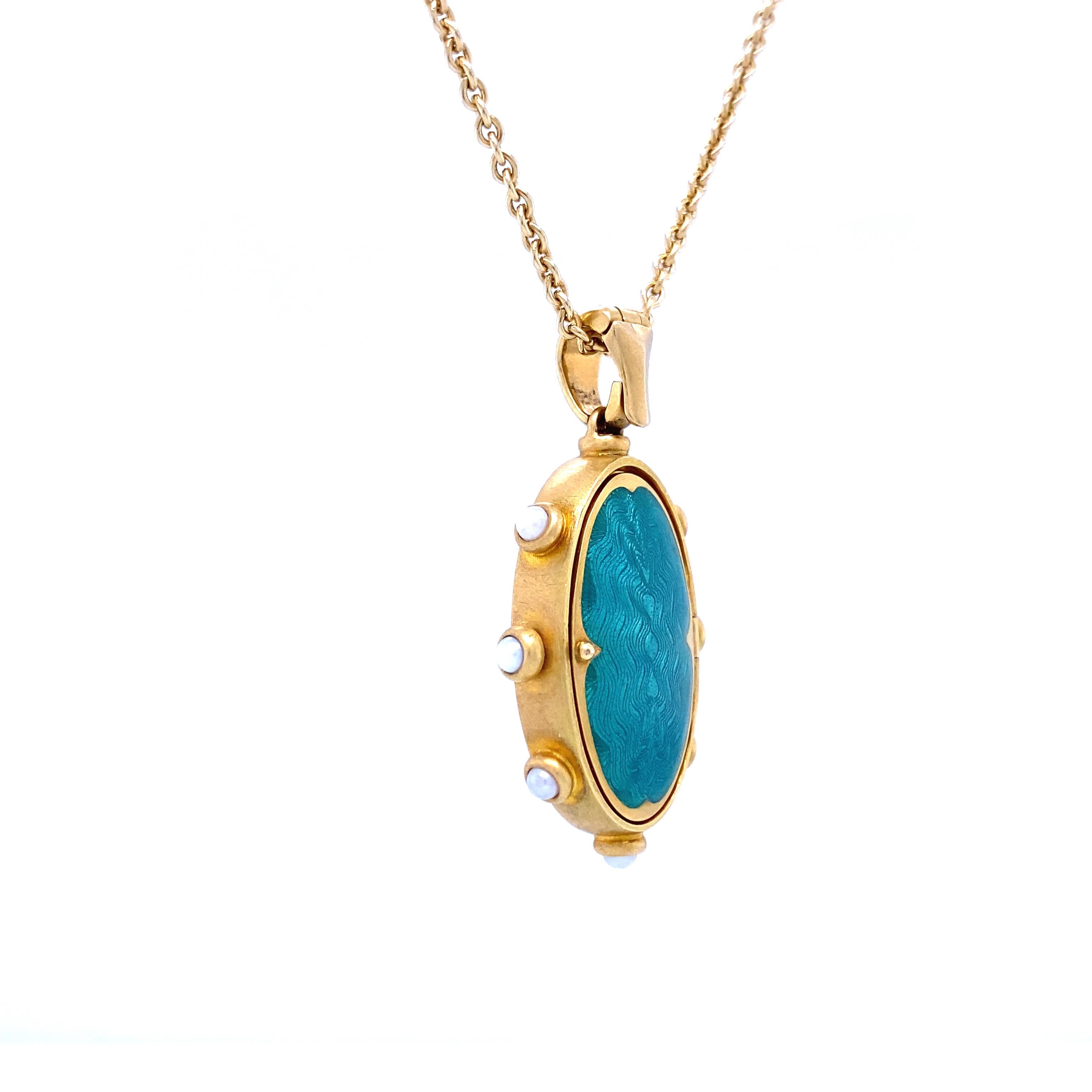 Oval Locket Pendant Necklace 18k Yellow Gold Turquoise Enamel Rubellite & Pearls In New Condition For Sale In Pforzheim, DE