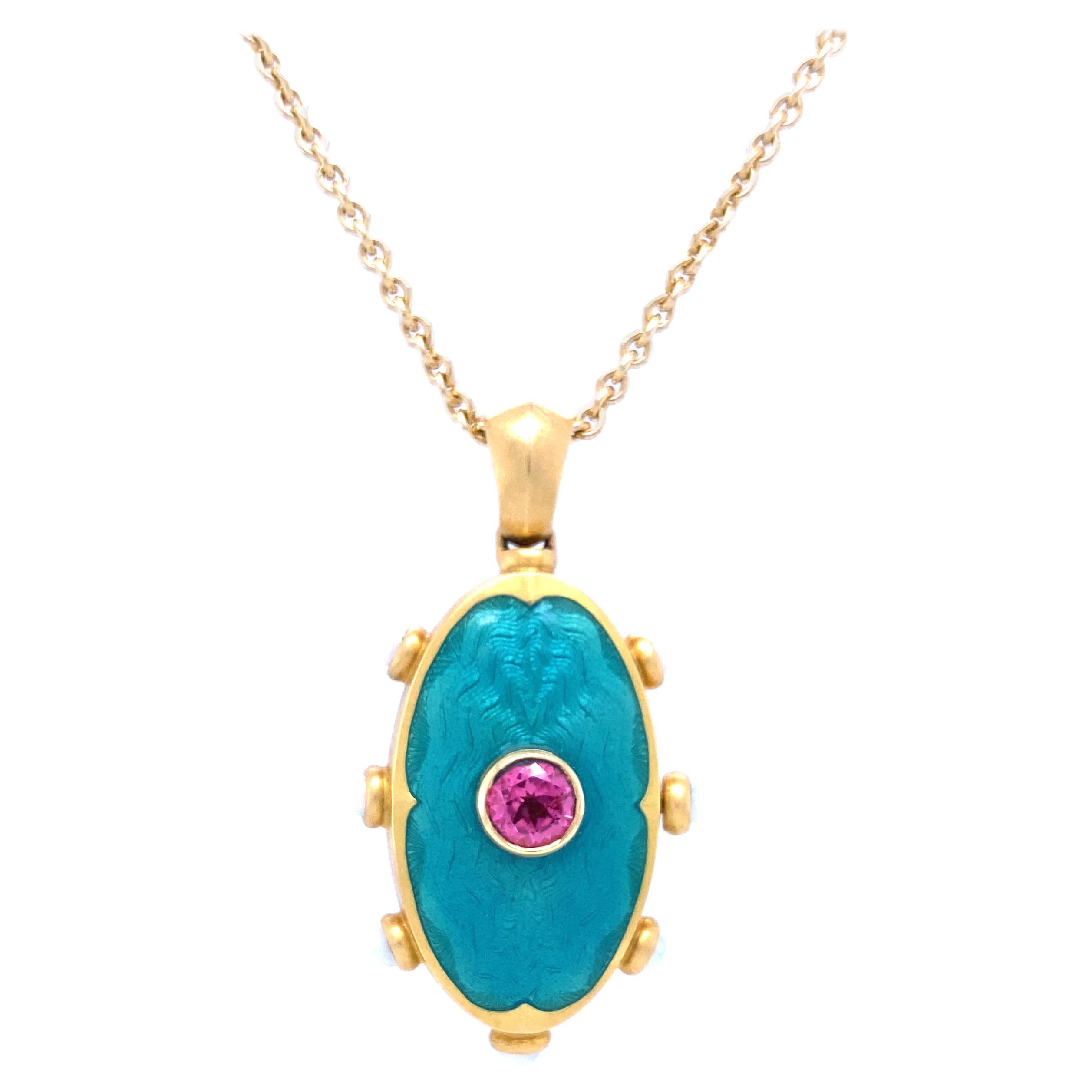 Oval Locket Pendant Necklace 18k Yellow Gold Turquoise Enamel Rubellite & Pearls For Sale