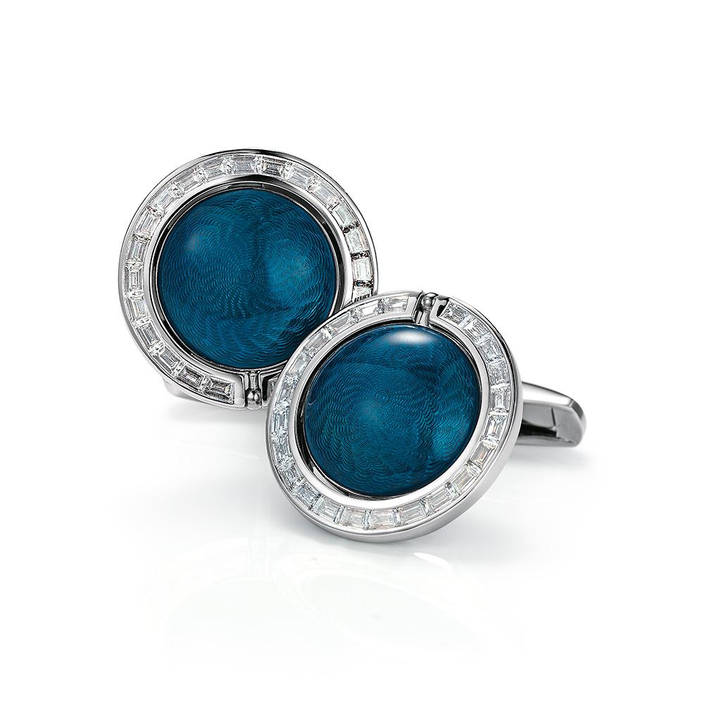 Victor Mayer Two in One rotating lens cufflinks in 18k white gold with diamonds & enamel 

Cufflinks, 18k WG, vitreous enamel, diamonds total 2,53 ct, G VS
Reference: V1580/BD/00/00/101
Material: 18k white gold
Vitreous enamel: silver fondant and