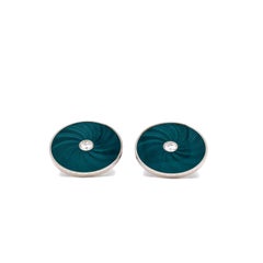 Victor Mayer Cufflinks Round 18k White Gold 2 Diamonds Emerald Green Enamel